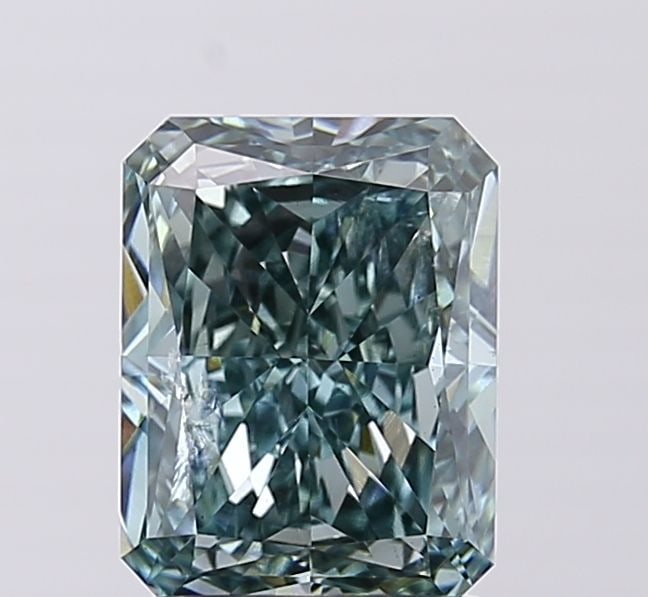 Loose Diamond - RADIANT 2.1ct Fancy Vivid Blueish Green SI2: Loose Diamond - RADIANT 2.1ct Fancy Vivid Blueish Green SI2 Source: This is a real non-mined Diamond that has been grown in a lab Shape: RADIANT Carats: 2.1 Color: Fancy Vivid Blueish Green Certificat