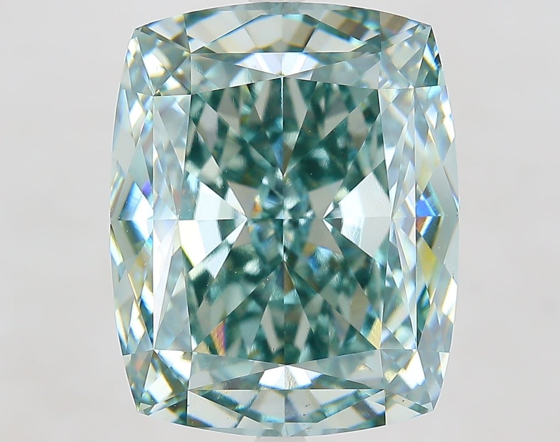 Loose Diamond - CUSHION MODIFIED 15.63ct Fancy Intense Blueish Green VS1: Loose Diamond - CUSHION MODIFIED 15.63ct Fancy Intense Blueish Green VS1 Source: This is a real non-mined Diamond that has been grown in a lab Shape: CUSHION MODIFIED Carats: 15.63 Color: Fancy Intens