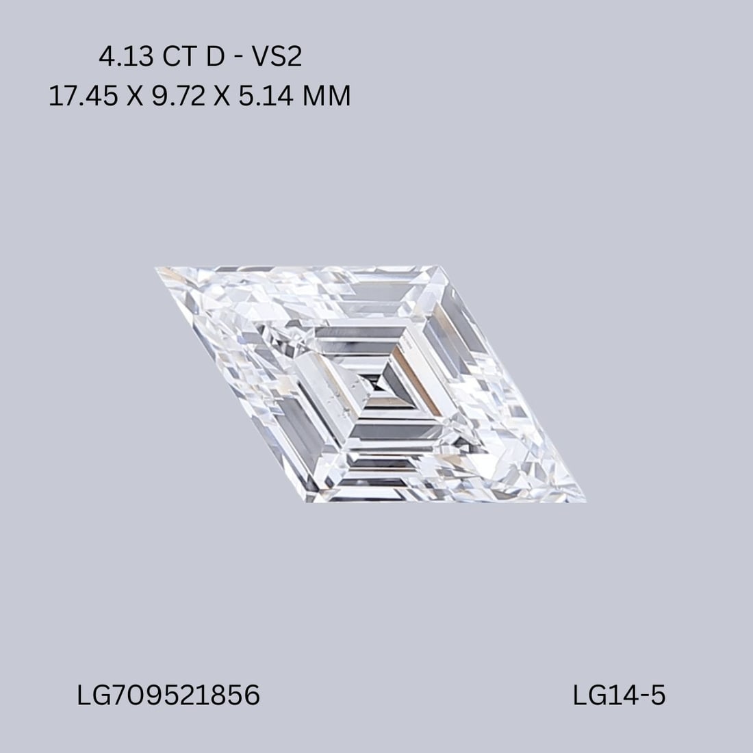 Loose Diamond - LOZENGE 4.13ct D VS2: Loose Diamond - LOZENGE 4.13ct D VS2 Source: This is a real non-mined Diamond that has been grown in a lab Shape: LOZENGE Carats: 4.13 Color: D Clarity: VS2 Certification: IGI Video: