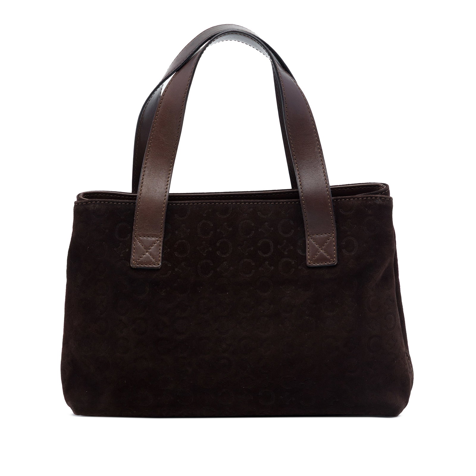 Celine C Macadam brown suede leather handbag: Celine C Macadam brown suede leather handbag Celine C Macadam handbag with a suede body, flat leather handles, an open top, and an interior zip pocket. The bag shows wear and staining consistent with 