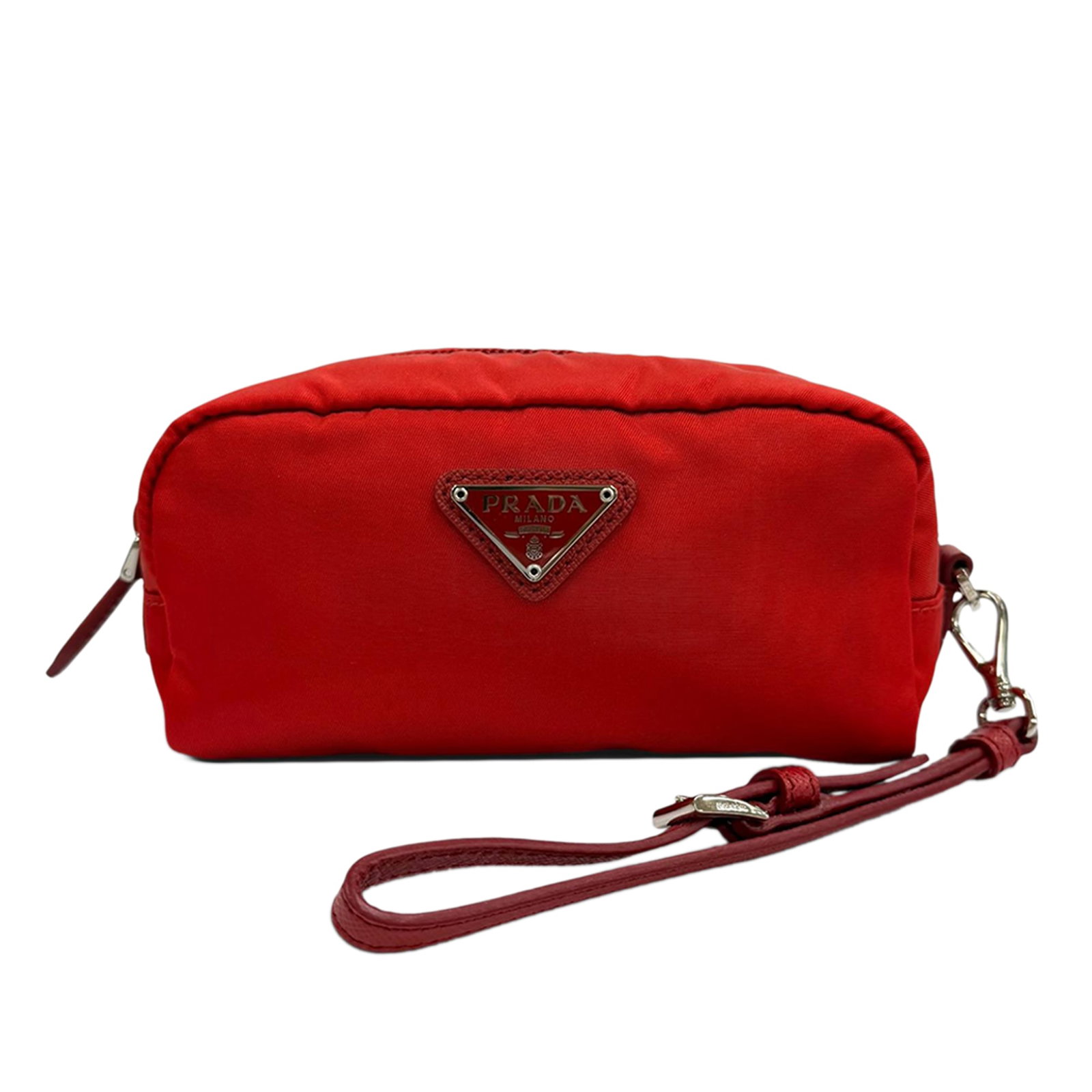 Prada Tessuto Red Nylon Cosmetic Wristlet Pouch: Prada Tessuto Red Nylon Cosmetic Wristlet Pouch Prada Tessuto cosmetic pouch in red fabric with a nylon body and flat leather wrist strap. The pouch has a top zip closure and an interior zip pocket. I