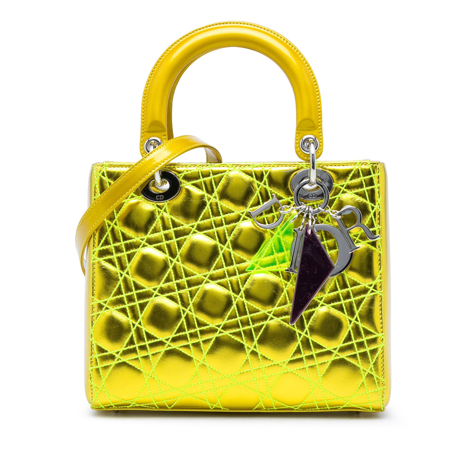Dior Anselm Reyle Medium Lady Dior metallic lambskin bag: Dior Anselm Reyle Medium Lady Dior metallic lambskin bag Medium Lady Dior bag from the Anselm Reyle line, crafted in metallic lambskin leather with Cannage quilting. The design features flat leather h