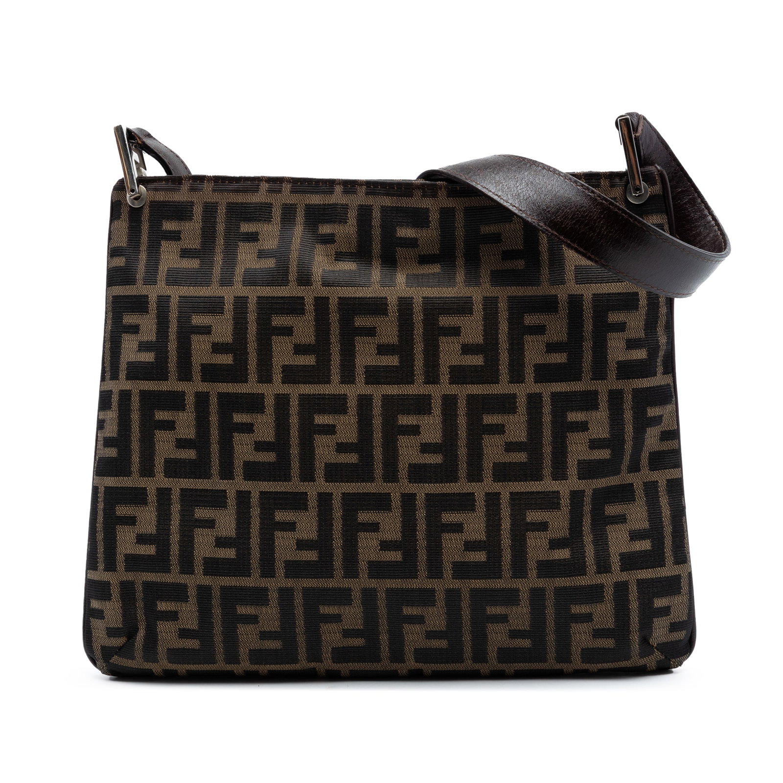Fendi Zucca Brown Canvas Shoulder Handbag: Fendi Zucca Brown Canvas Shoulder Handbag A Fendi Zucca canvas shoulder bag in brown with a flat leather strap, open top, magnetic snap button closure, and an interior zip pocket. Made in Italy. Condi