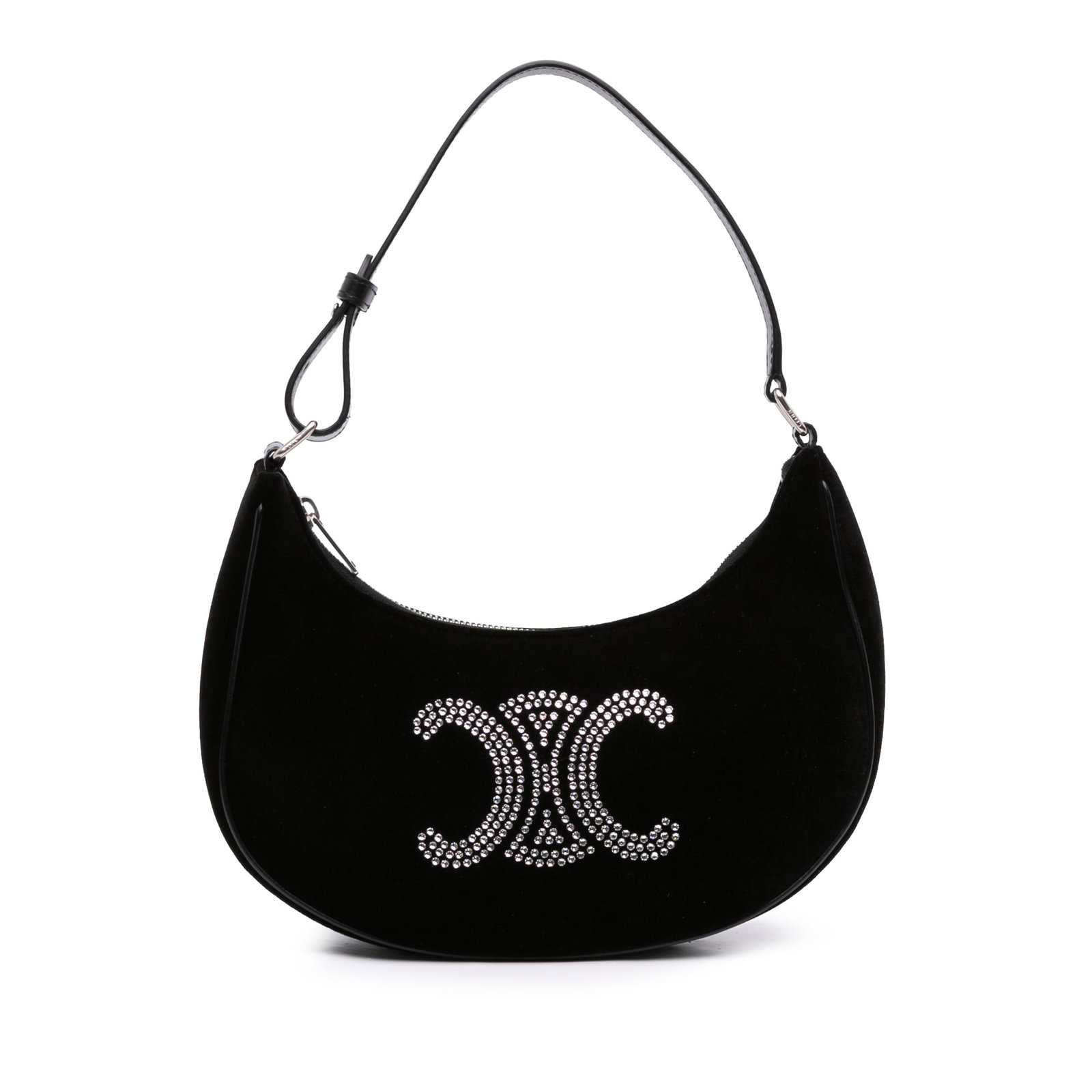 Celine Ava Shoulder Bag in Black Velvet with Strass Triomphe: Celine Ava Shoulder Bag in Black Velvet with Strass Triomphe A Celine Ava shoulder bag crafted with a black velvet body and strass detail. It features an adjustable flat leather strap, a top zip closu