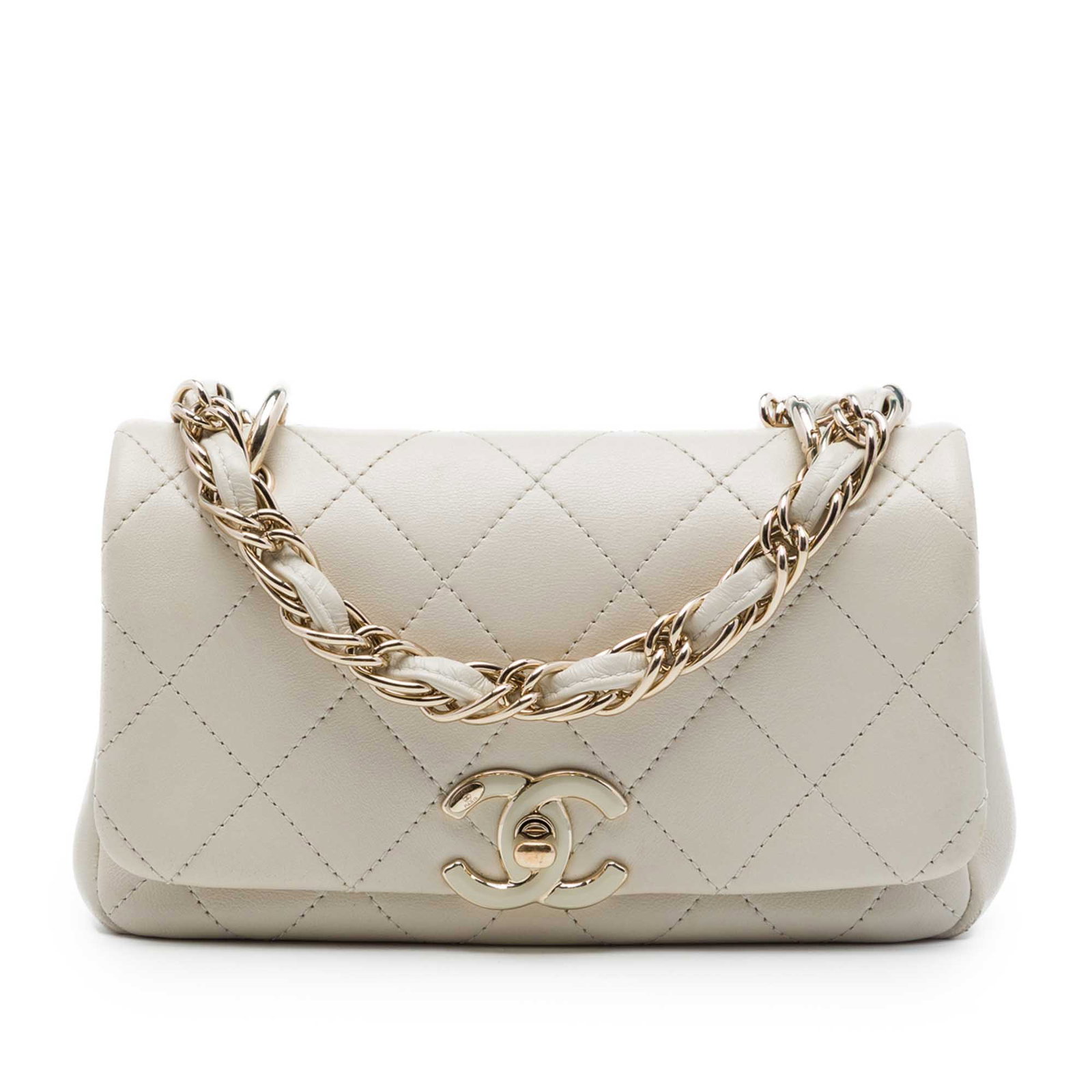 Chanel Twist Chain Enamel CC Medium Quilted Lambskin Flap Bag: Chanel Twist Chain Enamel CC Medium Quilted Lambskin Flap Bag A Chanel crossbody bag crafted in white quilted lambskin leather with a leather-woven twisted chain shoulder strap and leather guard. The 
