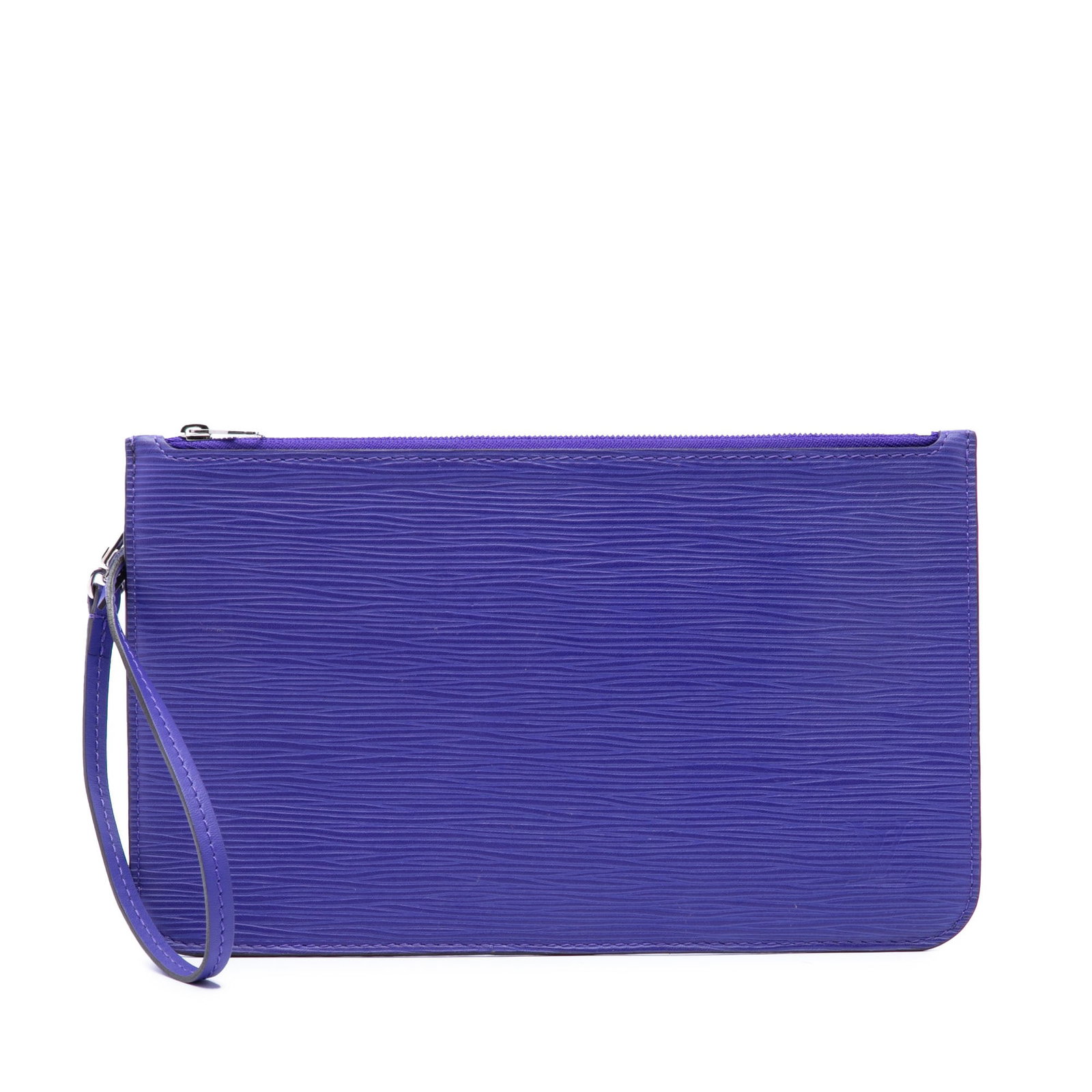 Louis Vuitton Neverfull Pouch in Purple Epi Leather: Louis Vuitton Neverfull Pouch in Purple Epi Leather Louis Vuitton Epi Neverfull Pouch in purple leather with a detachable flat leather wrist strap, top zip closure, and an interior slip pocket. Made i