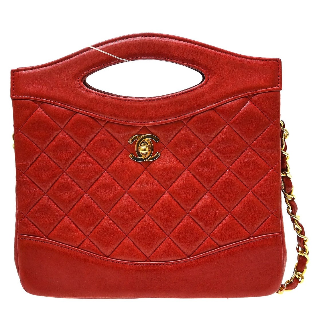 CHANEL Chain Hand Tote Bag Red Lambskin Quilted 2way: CHANEL Chain Hand Tote Bag Red Lambskin Quilted 2way Chanel 2-way chain tote handbag in red lambskin leather with a quilted exterior and red lining. This medium tote features chain strap pockets and i