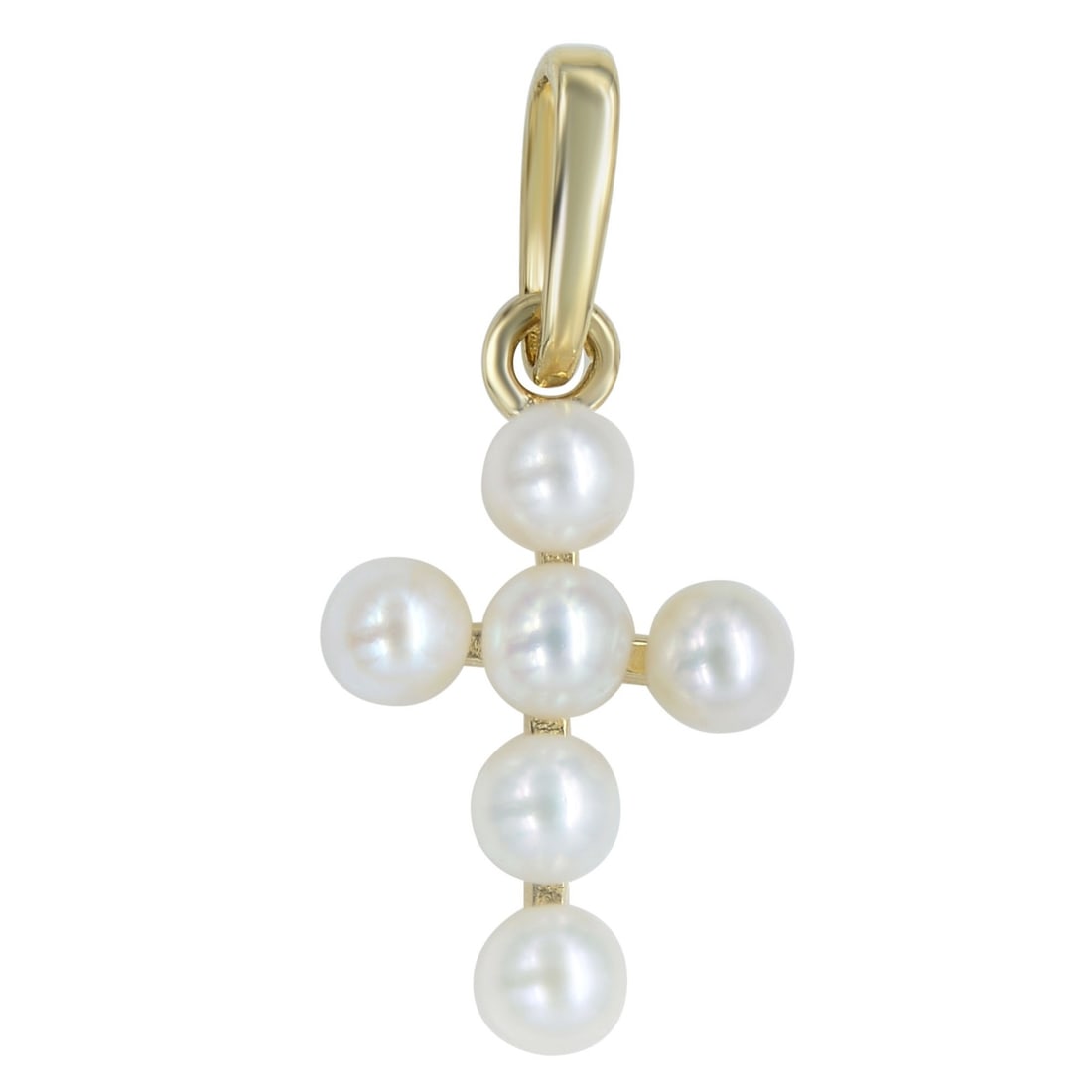 14K Yellow Gold Pearl Cross Pendant by Rachel Koen 10mm: 14K Yellow Gold Pearl Cross Pendant by Rachel Koen 10mm Delicate pre-owned cross pendant crafted in 14K yellow gold with pearl accents. This petite design is presented in a presentable gift box and in
