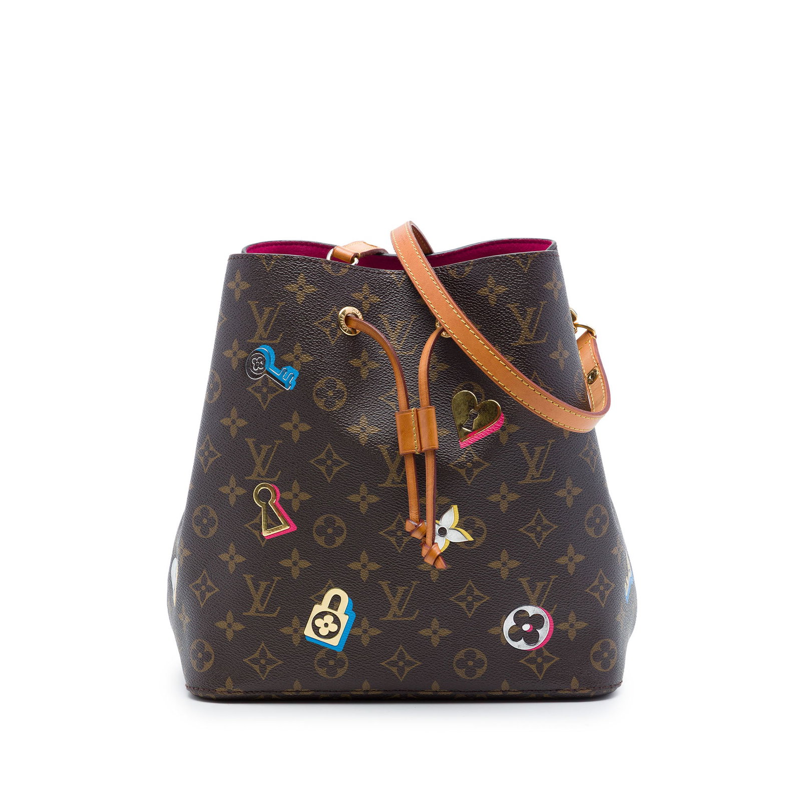 Louis Vuitton Neonoe MM Monogram Love Lock Bucket Bag: Louis Vuitton Neonoe MM Monogram Love Lock Bucket Bag Louis Vuitton Monogram Love Lock Neonoe MM bucket bag crafted with a monogram canvas body and a detachable flat vachetta leather strap. It feature