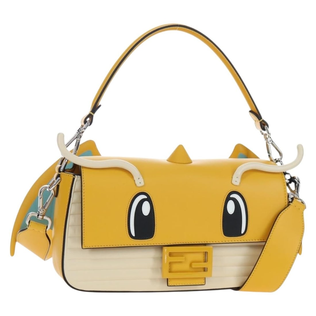 FENDI FRGMT Pokemon Dragonite Mamma Baguette Yellow Leather Shoulder Bag: FENDI FRGMT Pokemon Dragonite Mamma Baguette Yellow Leather Shoulder Bag FENDI x FRGMT x POKEMON Mamma Baguette shoulder bag in yellow leather. Made in Italy, this women's bag includes a dust bag, ite