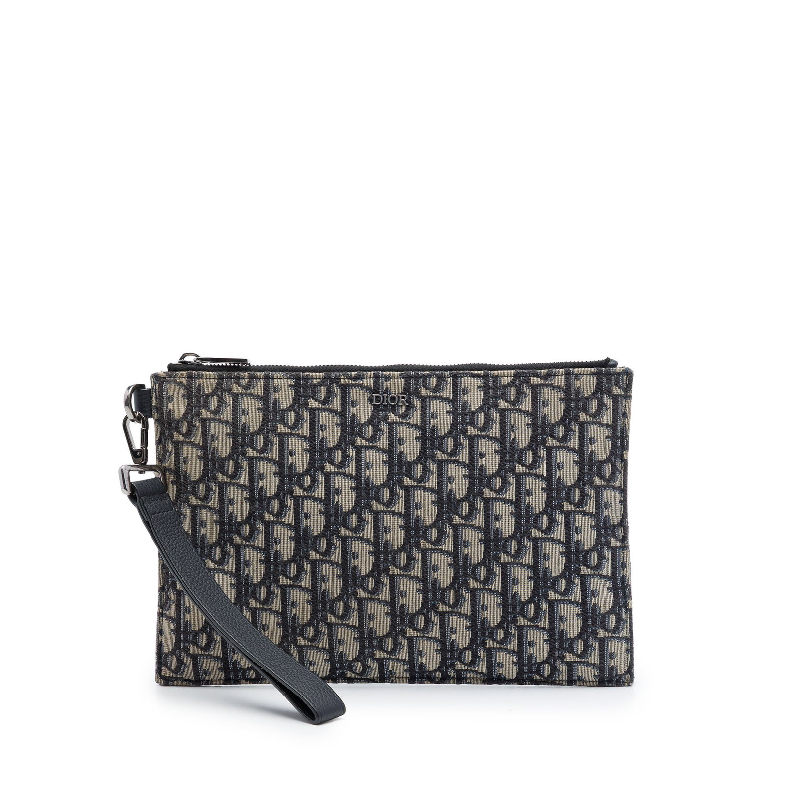 Dior Oblique A5 Canvas Wristlet Clutch Blue: Dior Oblique A5 Canvas Wristlet Clutch Blue A Dior Oblique Canvas A5 pouch in blue with a canvas body, detachable flat leather wrist strap, top zip closure, and interior slip pockets. Made in Italy. C
