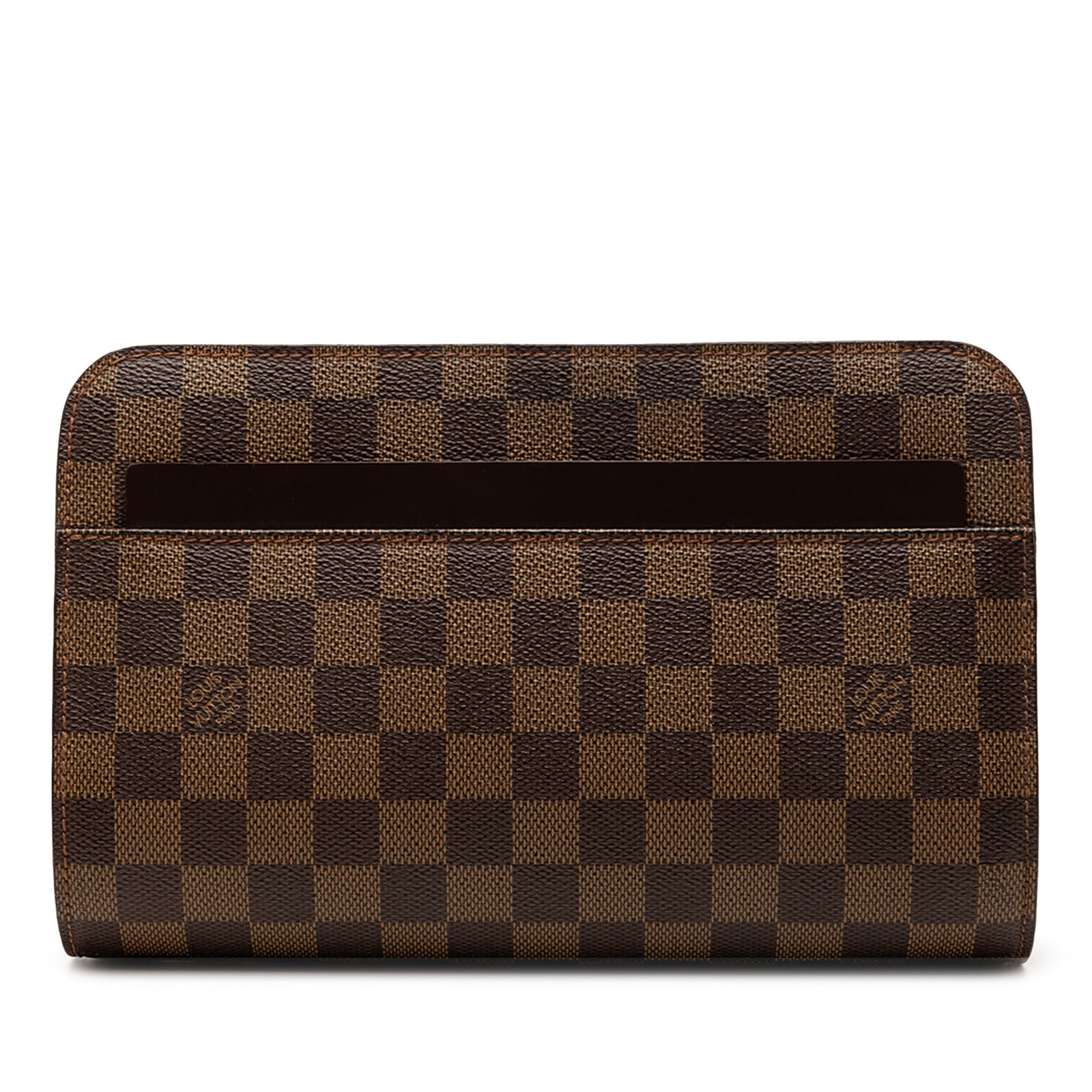 Louis Vuitton Damier Ebene Pochette Brown Fabric Bag: Louis Vuitton Damier Ebene Pochette Brown Fabric Bag This Louis Vuitton Damier Ebene Saint Louis Pochette features a signature Damier canvas body with leather trim, a zip-around closure, an exterior s