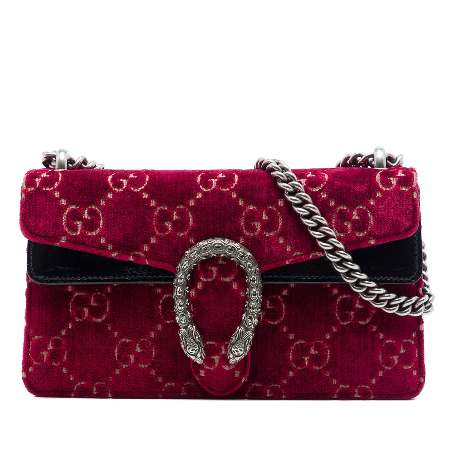 Gucci Dionysus Medium GG Velvet Shoulder Bag Red: Gucci Dionysus Medium GG Velvet Shoulder Bag Red A Gucci Dionysus crossbody bag in red GG velvet with leather trim and silver-tone chain straps. The design features a front flap with a magnetic snap b