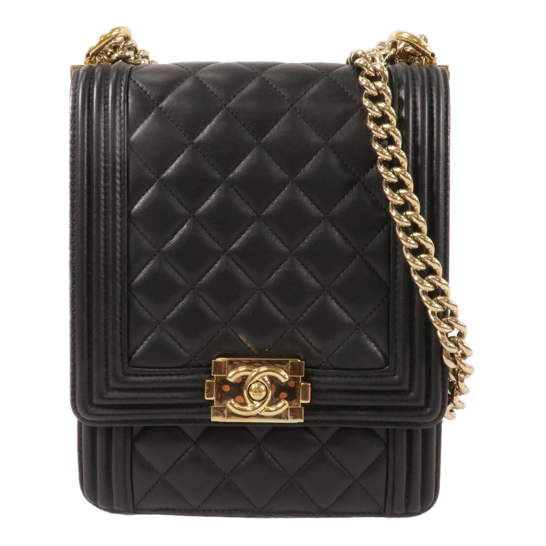 CHANEL Le Boy Black Lambskin Shoulder Bag with Gold Tone Chain: CHANEL Le Boy Black Lambskin Shoulder Bag with Gold Tone Chain Chanel Le Boy chain shoulder bag in black lambskin leather with CC hardware. This women's shoulder bag features a flap design, an open in