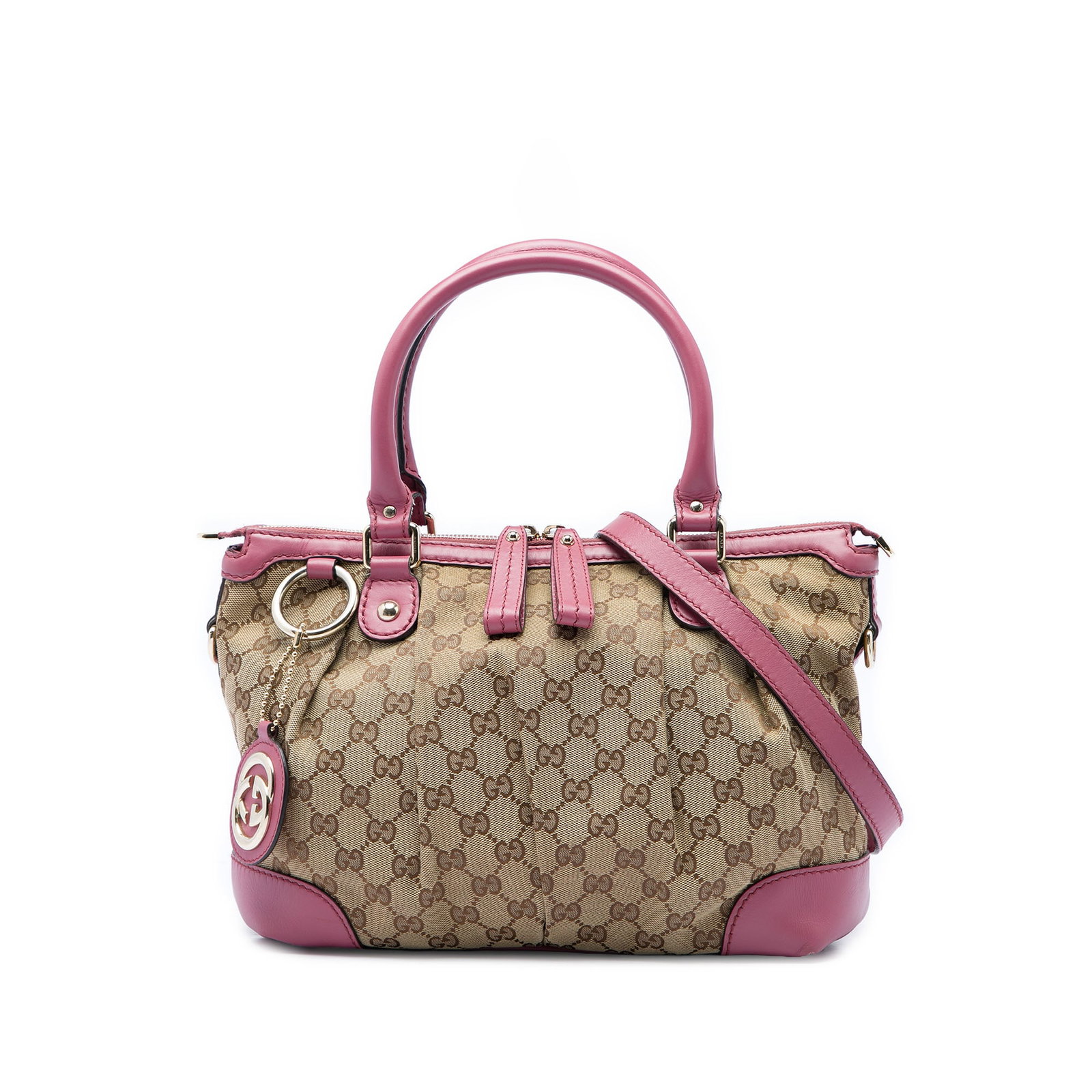 Gucci Sukey Satchel Beige GG Canvas and Leather Trim: Gucci Sukey Satchel Beige GG Canvas and Leather Trim Gucci GG Canvas Sukey Satchel in beige with leather trim. This satchel features a canvas body, rolled leather handles, an adjustable and detachable