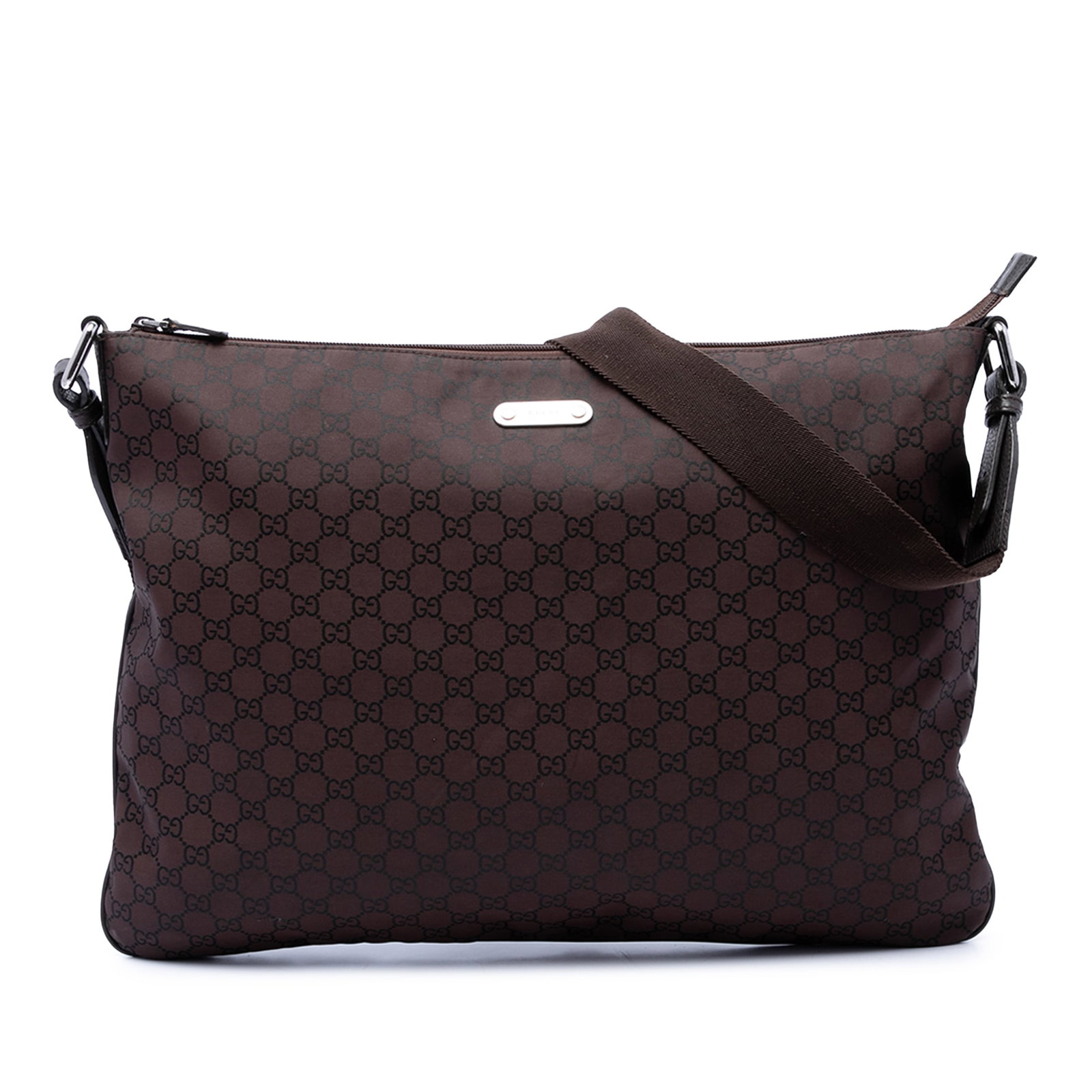 Gucci GG Nylon Shoulder Bag Brown Fabric Zip Top: Gucci GG Nylon Shoulder Bag Brown Fabric Zip Top Gucci GG Nylon Crossbody bag in brown fabric with a flat strap, top zip closure, and an interior zip pocket. Made in Italy. Condition is B+ with visibl