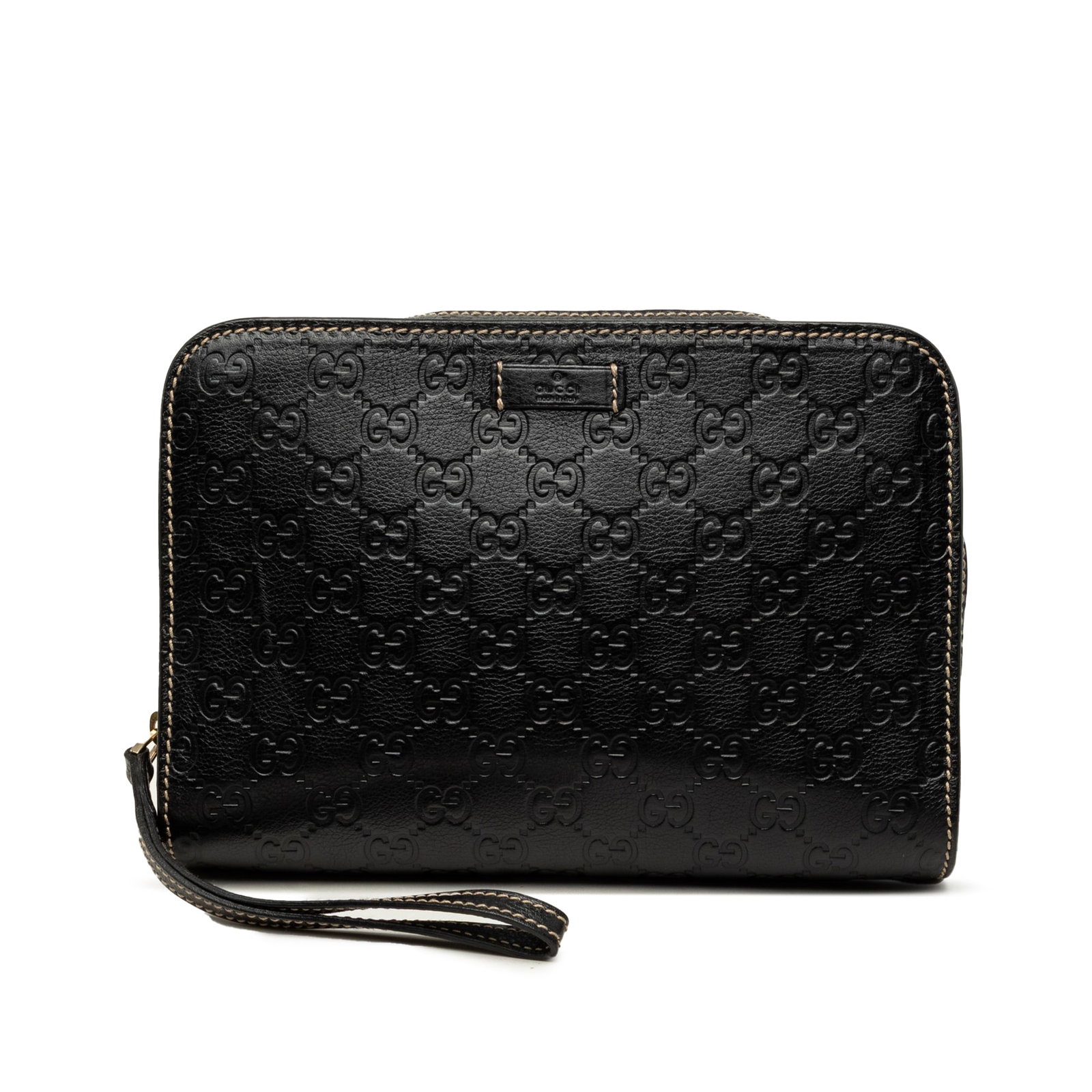 Gucci Guccissima Black Leather Wristlet Clutch: Gucci Guccissima Black Leather Wristlet Clutch A black Guccissima clutch crafted in embossed leather with a flat leather wrist strap and top zip closure. Made in Italy, this bag shows visible wear con