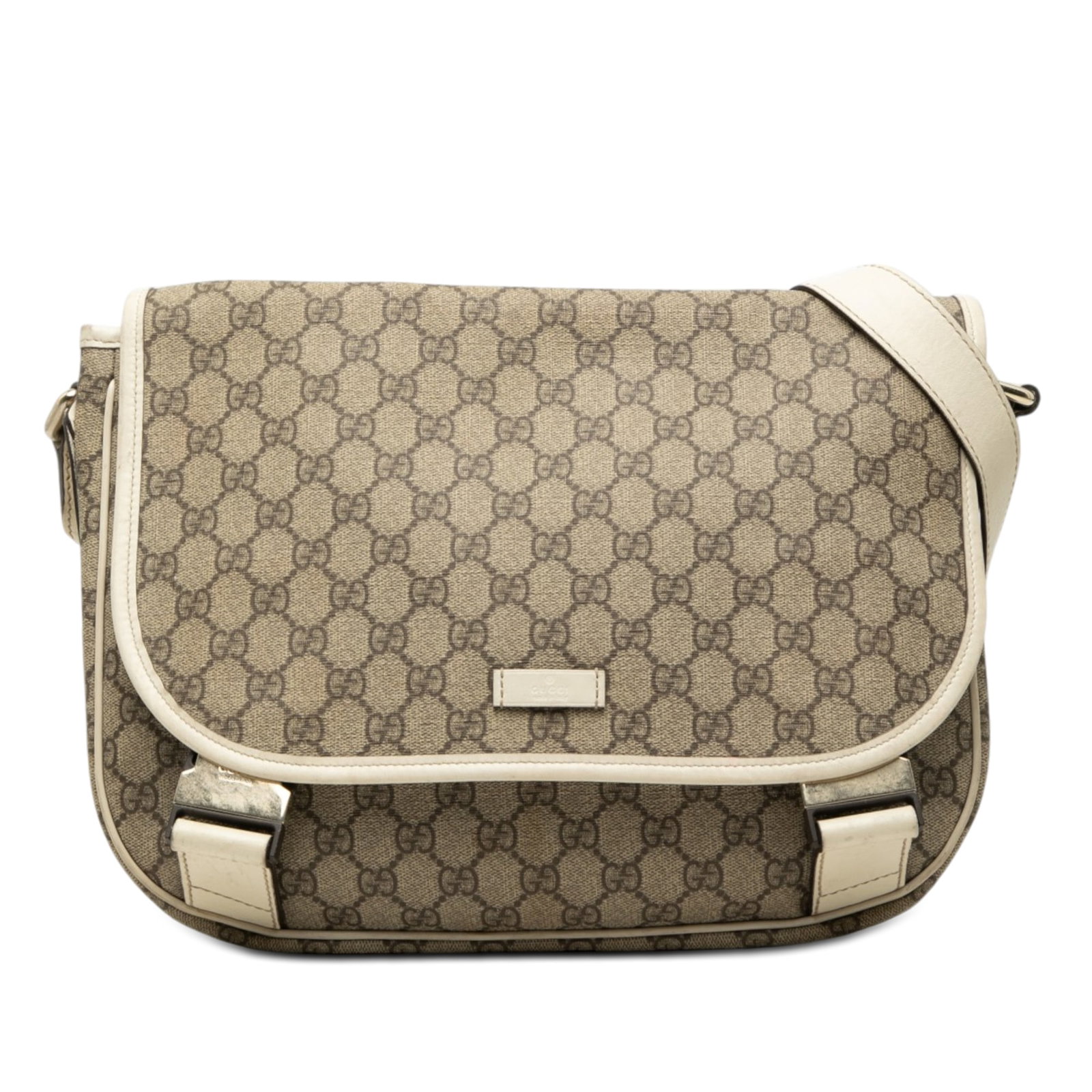 Gucci GG Supreme coated canvas crossbody bag with leather trim: Gucci GG Supreme coated canvas crossbody bag with leather trim Gucci GG Supreme crossbody bag in beige with a coated canvas body and leather trim. It features an adjustable flat leather strap, a flap 