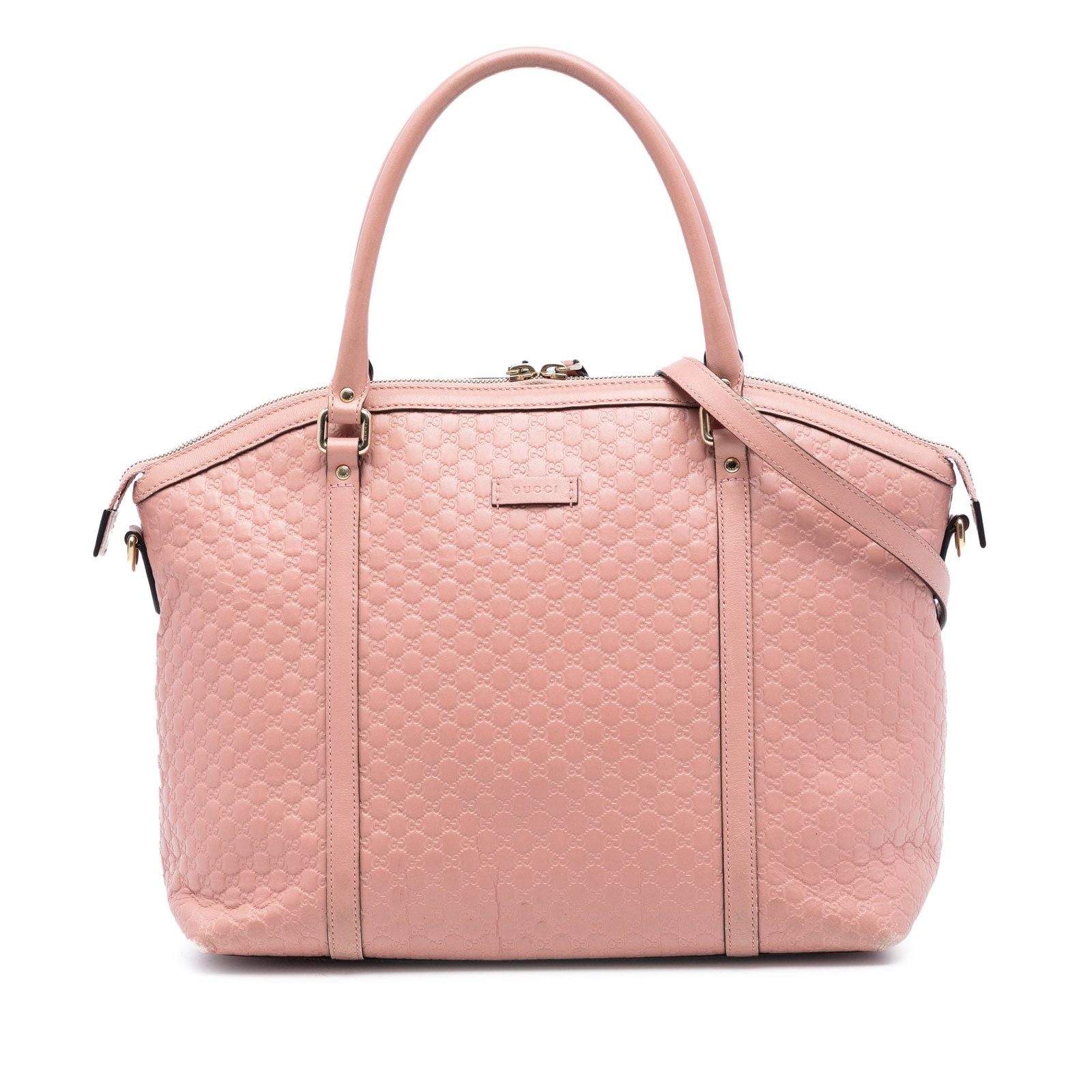Gucci Bree Pink Leather Dome Satchel: Gucci Bree Pink Leather Dome Satchel This Gucci Large Microguccissima Dome Satchel, also known as the Bree satchel, is crafted from pink leather and features rolled leather handles, a detachable flat 