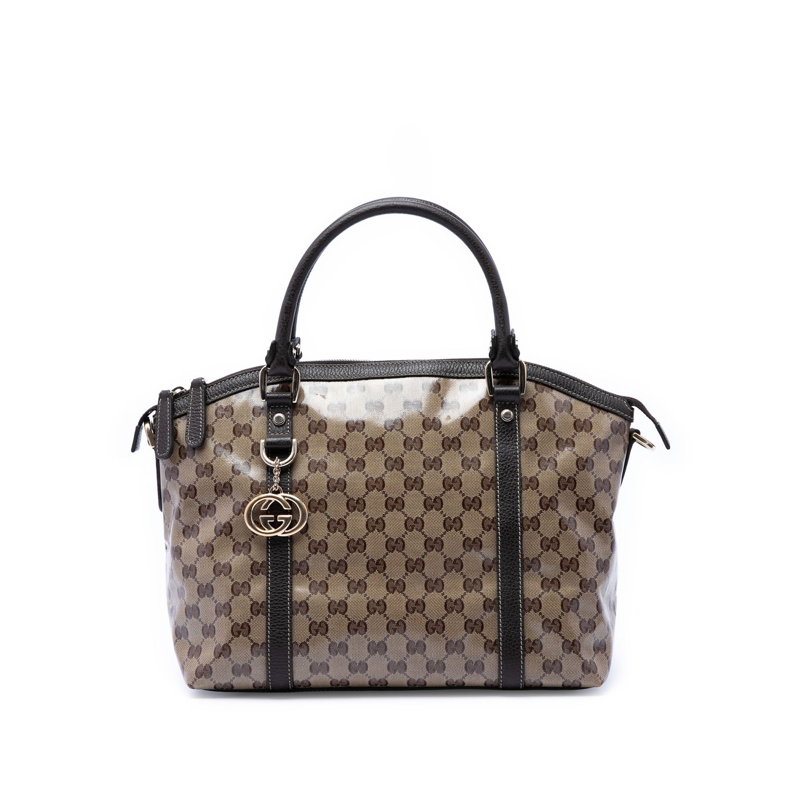 Gucci GG Crystal Charm Medium Dome Satchel Bag Beige: Gucci GG Crystal Charm Medium Dome Satchel Bag Beige Gucci Medium GG Crystal Charm Dome Satchel in beige fabric with leather trim. This satchel features rolled leather handles, a top zip closure, and 