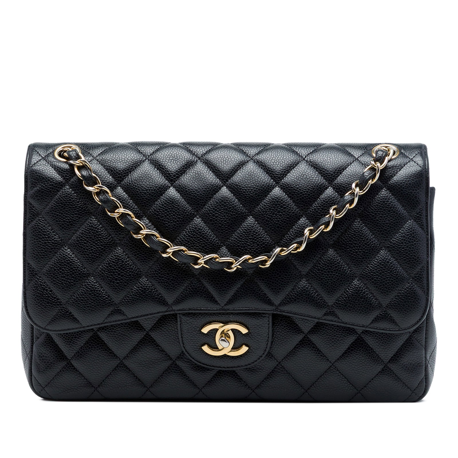 Chanel Jumbo Classic Double Flap Shoulder Bag in Black Caviar Leather: Chanel Jumbo Classic Double Flap Shoulder Bag in Black Caviar Leather Chanel Jumbo Classic Caviar Double Flap shoulder bag in black quilted caviar leather. This bag features leather-woven chain straps