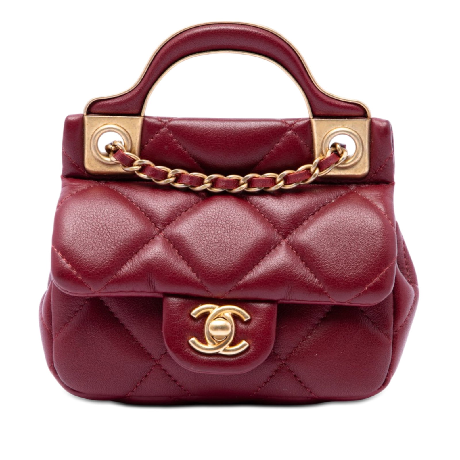 Chanel Lady Card Holder Bag Quilted Calfskin Chain Handle: Chanel Lady Card Holder Bag Quilted Calfskin Chain Handle A compact Chanel satchel in red quilted calfskin with a structured metal and leather top handle and a leather-woven chain link strap. The desi