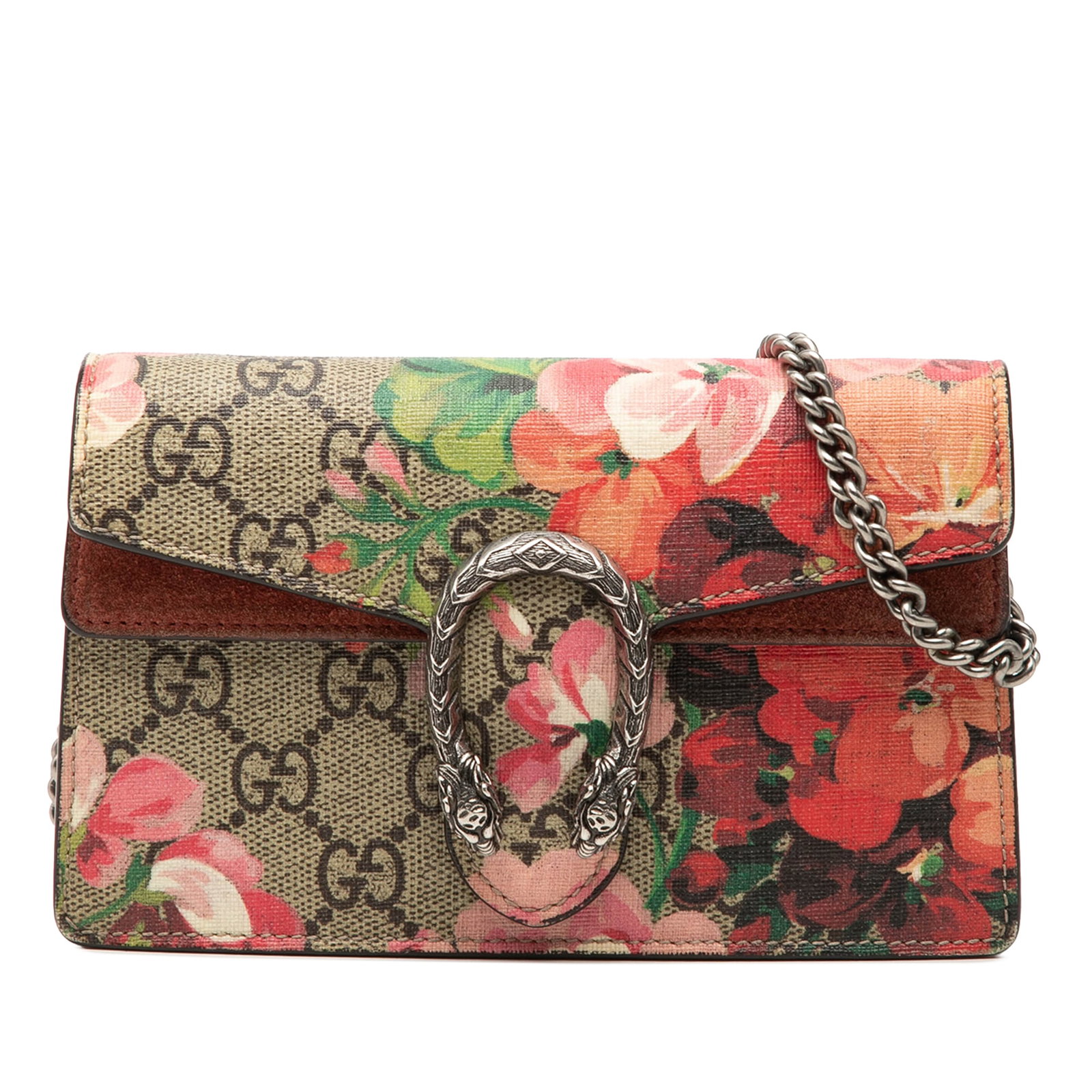 Gucci Dionysus Mini GG Supreme Blooms Crossbody Bag: Gucci Dionysus Mini GG Supreme Blooms Crossbody Bag A Gucci Mini GG Supreme Blooms Dionysus crossbody bag made in Italy. This bag features a floral printed coated canvas body, suede leather trim, a ch