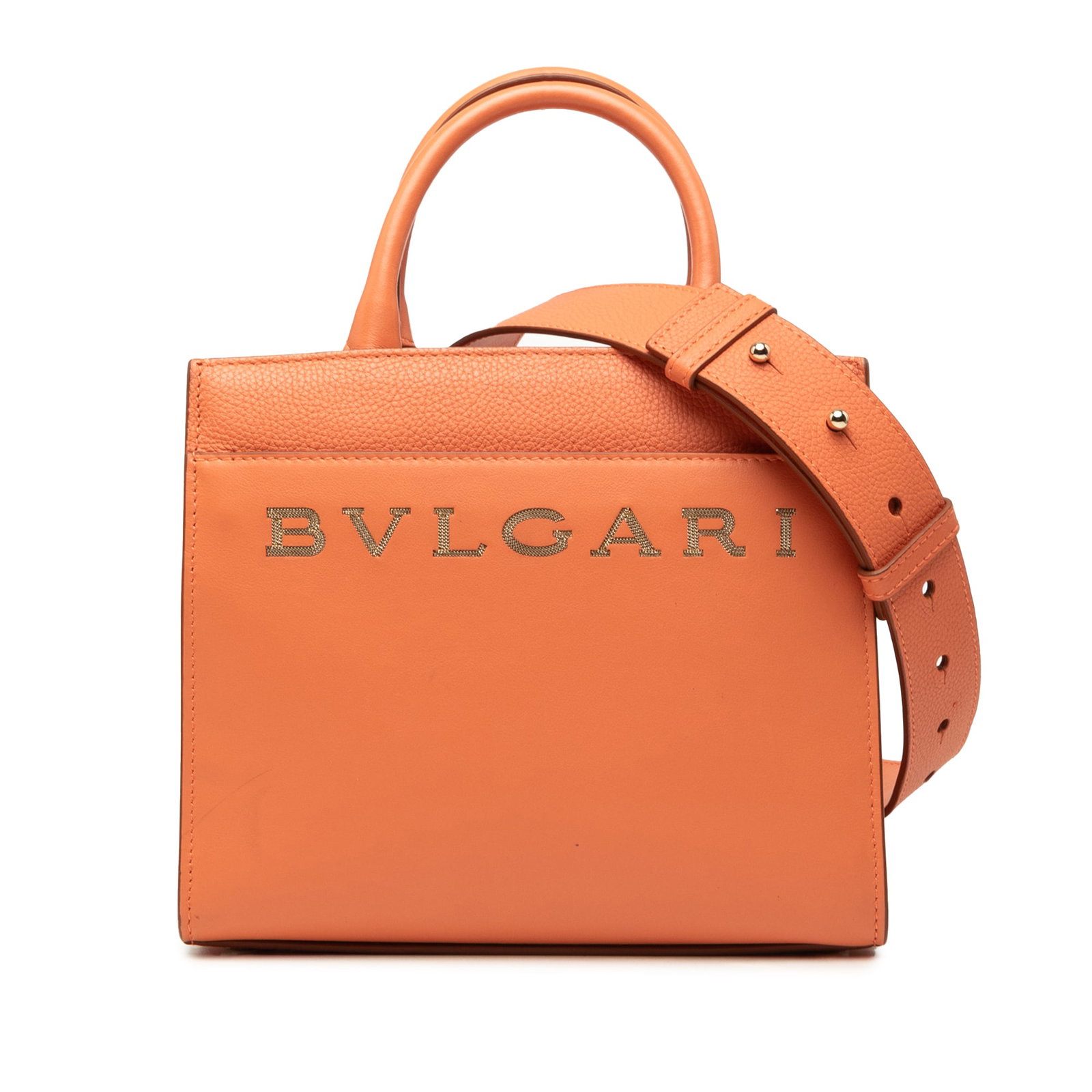Bvlgari Logo Tote Orange Leather Satchel with Shoulder Strap: Bvlgari Logo Tote Orange Leather Satchel with Shoulder Strap A Bvlgari logo tote crafted in smooth and pebbled calfskin leather. This orange satchel features rolled leather handles, a detachable and a