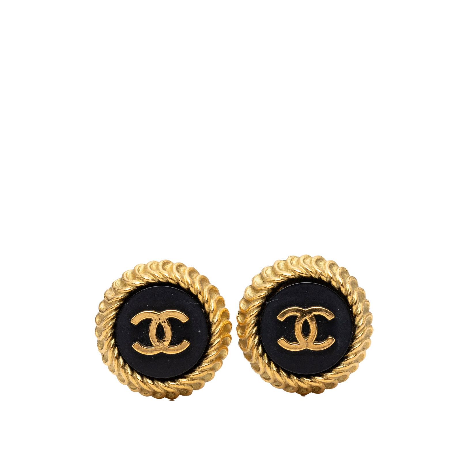 Chanel CC Round Clip On Earrings Gold Plated Enamel: Chanel CC Round Clip On Earrings Gold Plated Enamel Round Chanel clip-on earrings featuring gold plated metal with enamel detailing. This costume jewelry pair is made in France and shows wear consiste