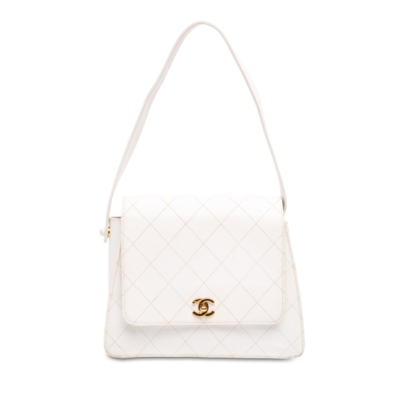 Chanel CC Caviar Leather Flap Shoulder Bag White: Chanel CC Caviar Leather Flap Shoulder Bag White Chanel CC Quilted Caviar Shoulder Bag in white caviar leather with a structured flap silhouette. It features a flat leather shoulder strap, front flap 