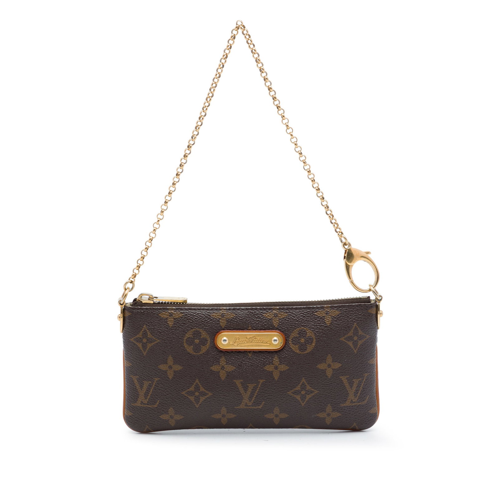 Louis Vuitton Pochette Milla MM Monogram Shoulder Bag: Louis Vuitton Pochette Milla MM Monogram Shoulder Bag Louis Vuitton Monogram Pochette Milla MM crafted in monogram canvas with a gold-tone chain link strap, top zip closure, and an interior slip pocke