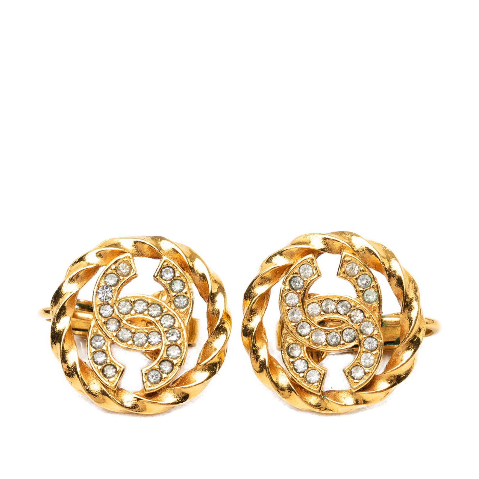 Chanel CC Clip On Earrings Gold Plated Metal with Strass: Chanel CC Clip On Earrings Gold Plated Metal with Strass Chanel CC clip-on earrings with a gold plated metal body and strass embellishment. Made in France, this costume jewelry pair features the iconi