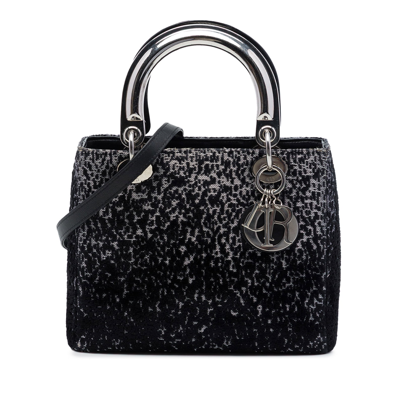 Dior Lady Dior Medium black fabric handbag: Dior Lady Dior Medium black fabric handbag Medium Lady Dior handbag in black fabric lame with flat top handles, a detachable shoulder strap, top zip closure, and an interior zip pocket. Made in Italy.