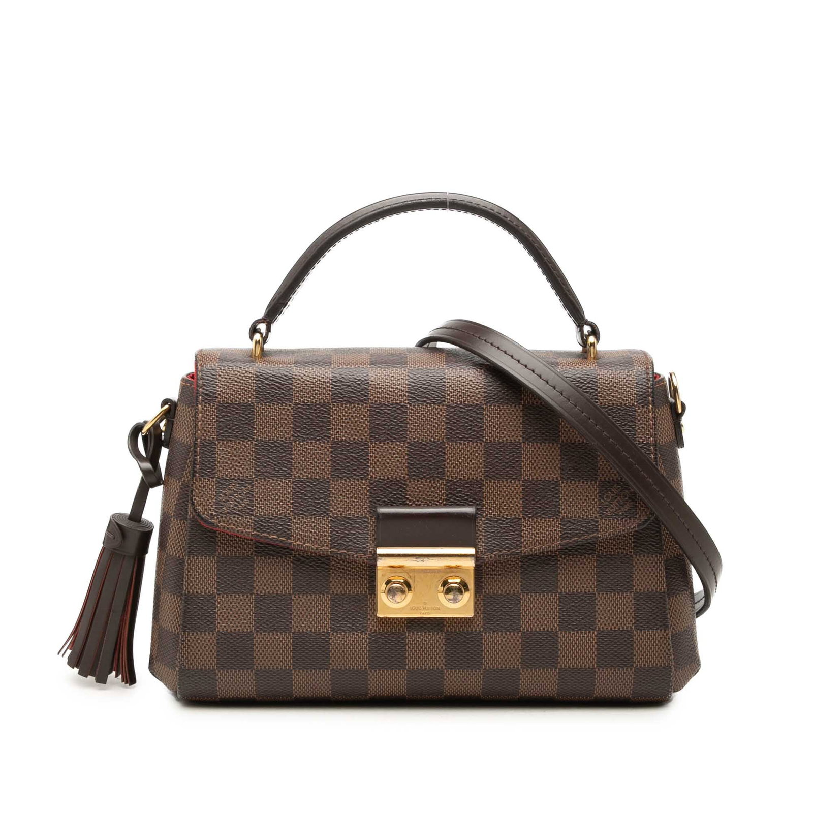 Louis Vuitton Croisette Shoulder Bag Damier Ebene Canvas: Louis Vuitton Croisette Shoulder Bag Damier Ebene Canvas Louis Vuitton Croisette in Damier Ebene canvas with leather trim. This bag features a rolled top leather handle, a detachable flat leather stra