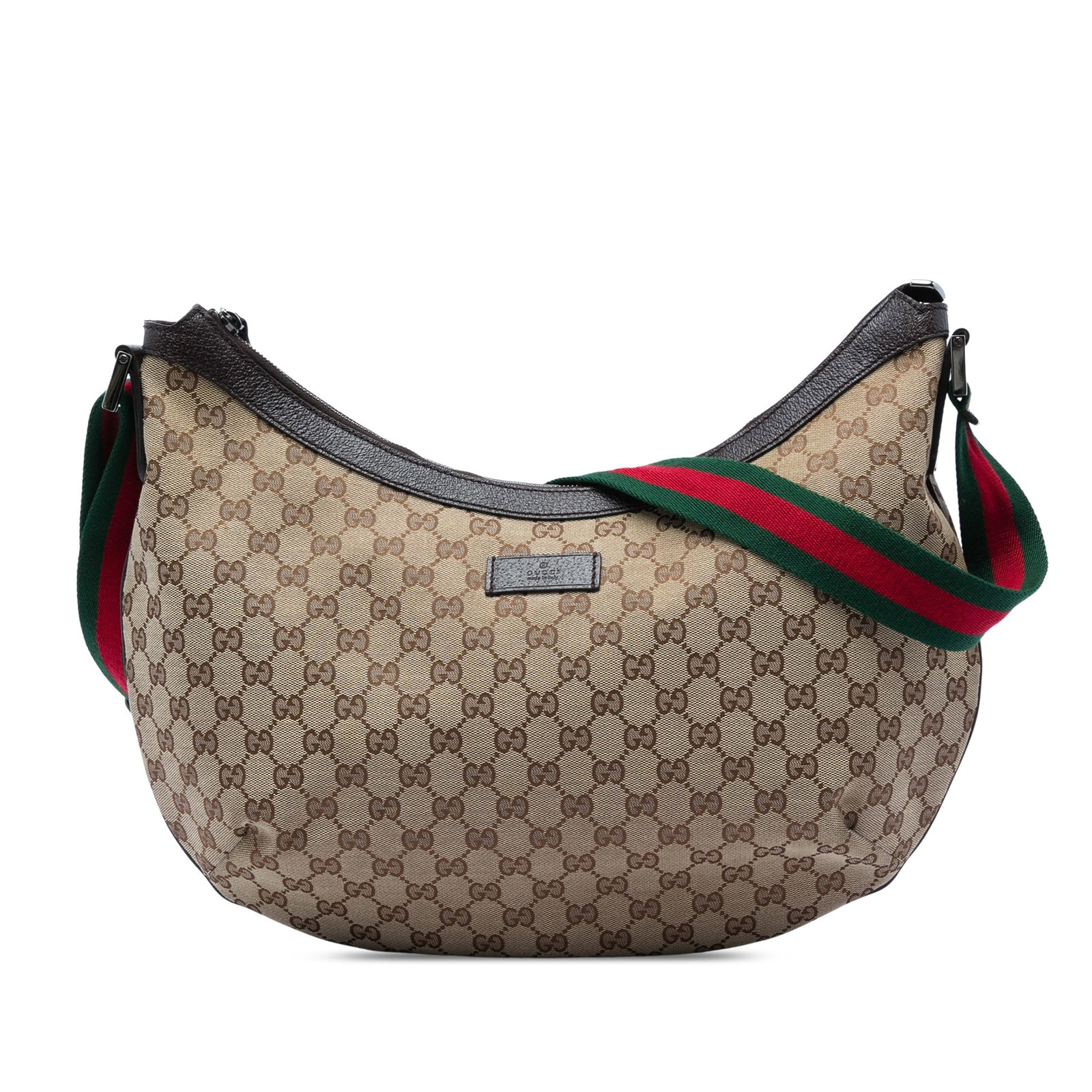 Gucci GG Canvas Half Moon Crossbody Bag with Web Strap: Gucci GG Canvas Half Moon Crossbody Bag with Web Strap Gucci GG Canvas Web Half Moon Crossbody in beige fabric with leather trim. This bag features an adjustable flat web strap, a top zip closure, and