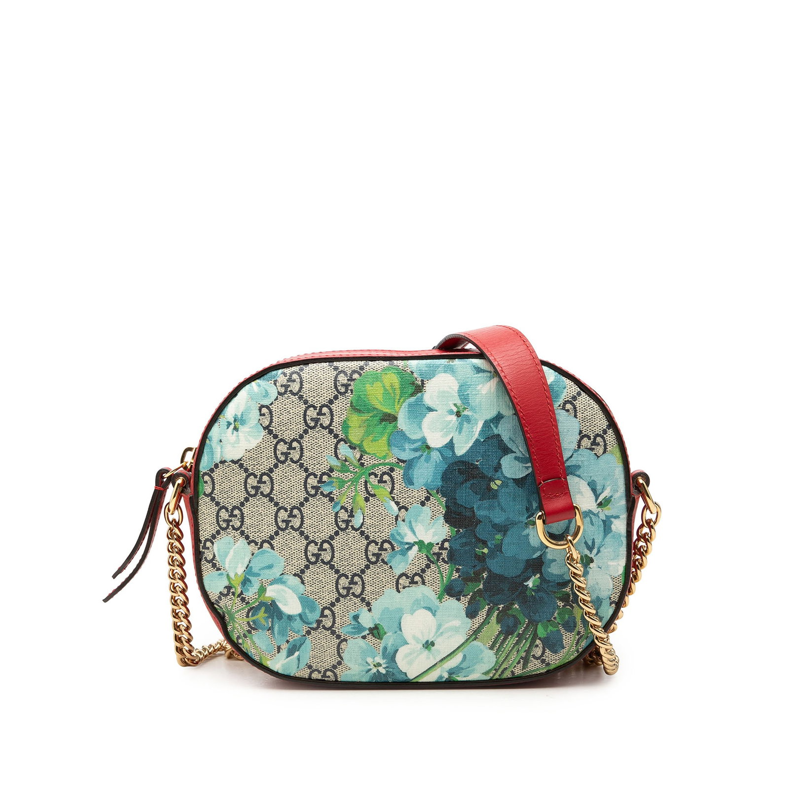 Gucci GG Supreme Blooms Crossbody Bag Chain Strap: Gucci GG Supreme Blooms Crossbody Bag Chain Strap A Gucci GG Supreme Blooms Chain Crossbody crafted with a printed coated canvas body and leather trim. The bag features a curb chain strap with a leath
