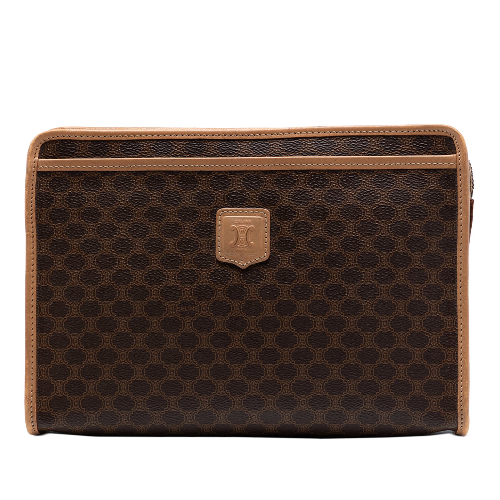 Celine Macadam brown coated canvas clutch with leather trim: Celine Macadam brown coated canvas clutch with leather trim Celine Macadam coated canvas clutch with leather trim and a top zip closure. The design includes an exterior front slip pocket. Condition is