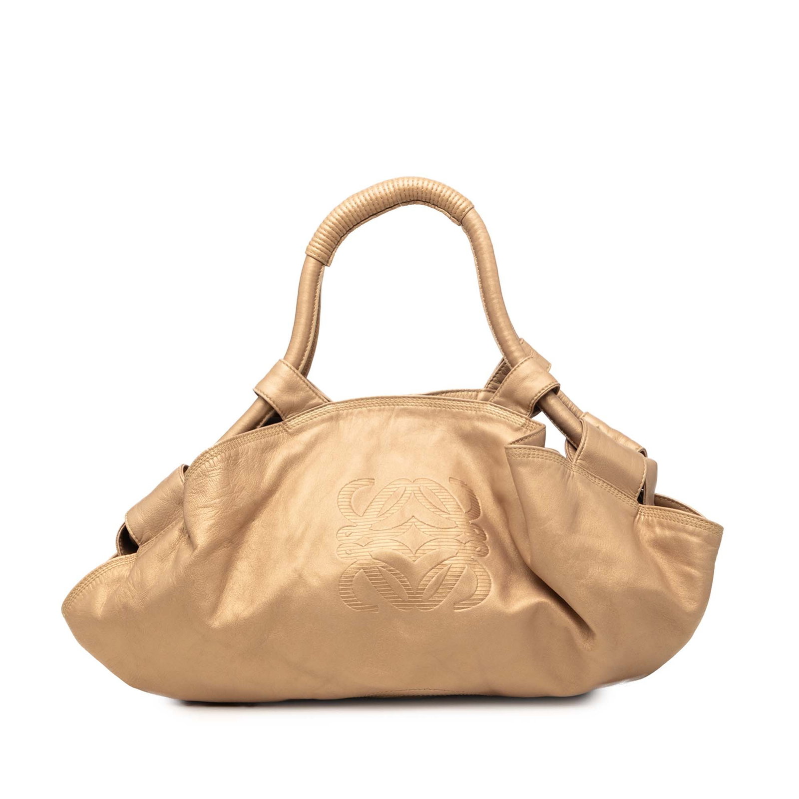 LOEWE Aire Metallic Nappa Leather Handbag Gold Tone: LOEWE Aire Metallic Nappa Leather Handbag Gold Tone This LOEWE Metallic Nappa Aire bag is crafted in metallic gold nappa leather with rolled leather handles and an open top with magnetic closure. The 
