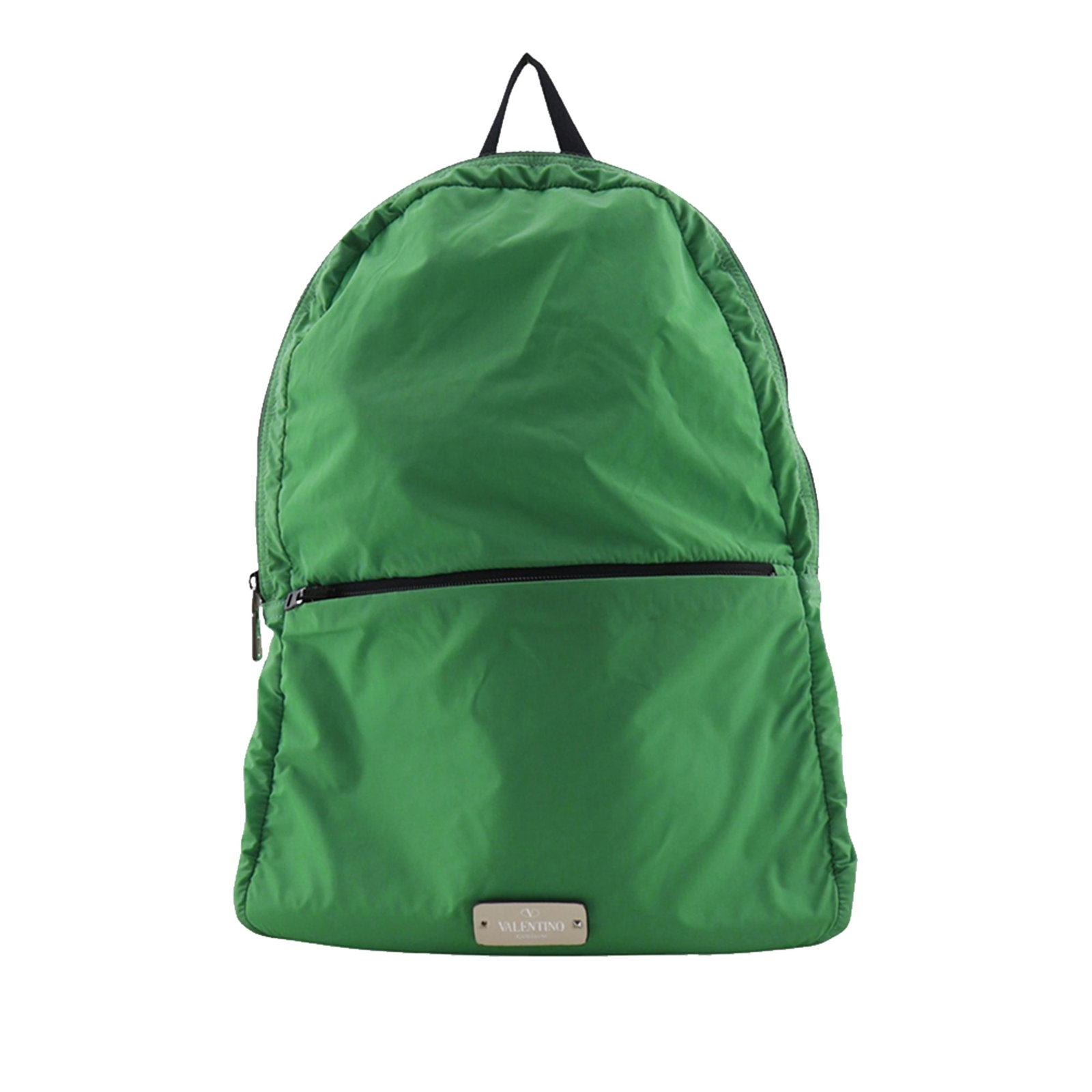Valentino Rockstud Green Nylon Backpack: Valentino Rockstud Green Nylon Backpack Valentino Nylon Rockstud Backpack in green with a nylon body, stud-detailed flat top handle, adjustable back straps, top zip-around closure, and an exterior fro