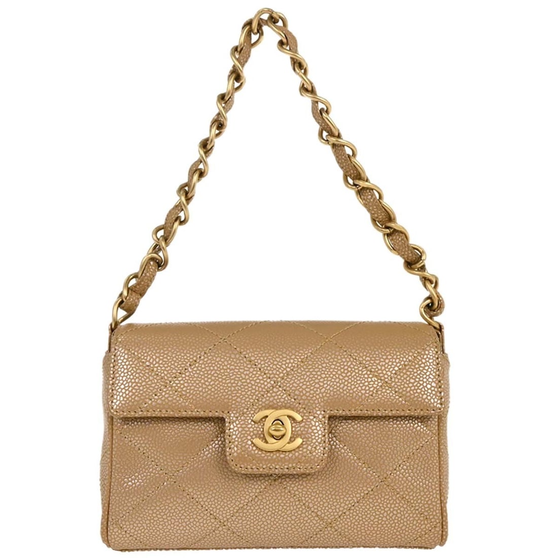 Chanel Caviar Small Beige Leather Turnlock Handbag Italy: Chanel Caviar Small Beige Leather Turnlock Handbag Italy Small Chanel handbag in beige caviar skin leather with a turnlock closure, logo accents, leather lining, and gold-color hardware. Made in Italy