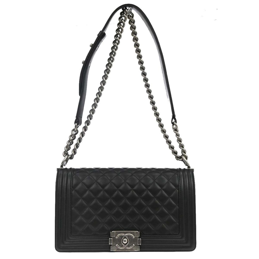 CHANEL Boy Medium Shoulder Bag Black Lambskin Chain Strap: CHANEL Boy Medium Shoulder Bag Black Lambskin Chain Strap Vintage Chanel Boy Medium shoulder bag in black lambskin with a push-lock closure, quilted accents, and silver-color hardware. This women's sh