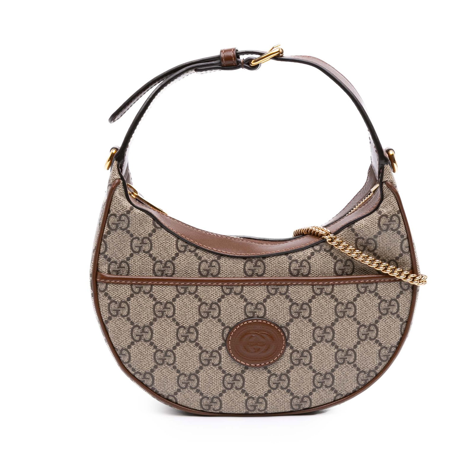Gucci Mini GG Supreme Half Moon Satchel Beige Fabric: Gucci Mini GG Supreme Half Moon Satchel Beige Fabric Gucci Mini GG Supreme Half Moon Bag in beige with a coated canvas body and leather trim. This compact satchel features an adjustable flat leather h