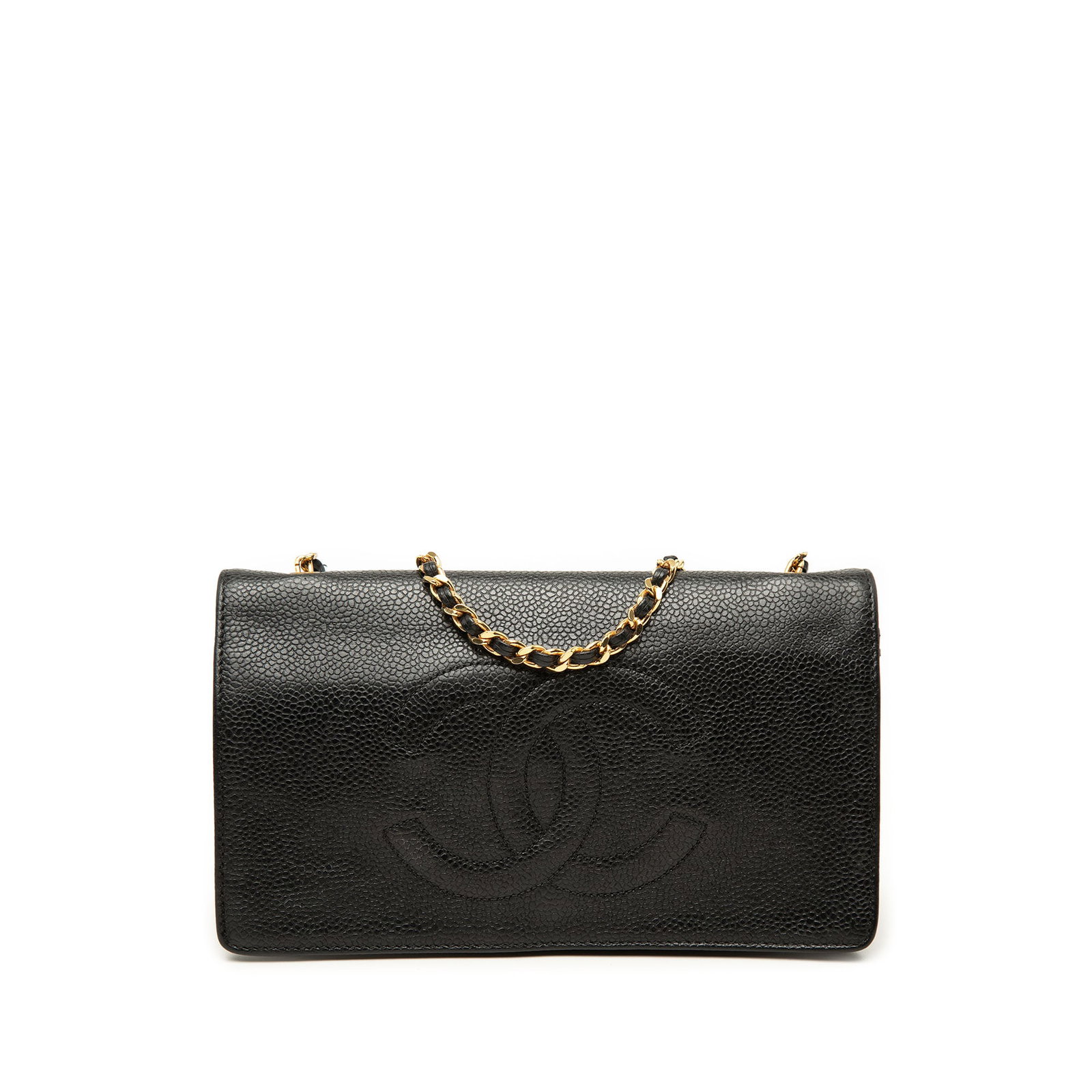 Chanel CC Wallet On Chain Black Caviar Leather Crossbody: Chanel CC Wallet On Chain Black Caviar Leather Crossbody Chanel CC Caviar Wallet On Chain in black caviar leather with a leather-woven chain strap and front flap snap closure. The design includes an e