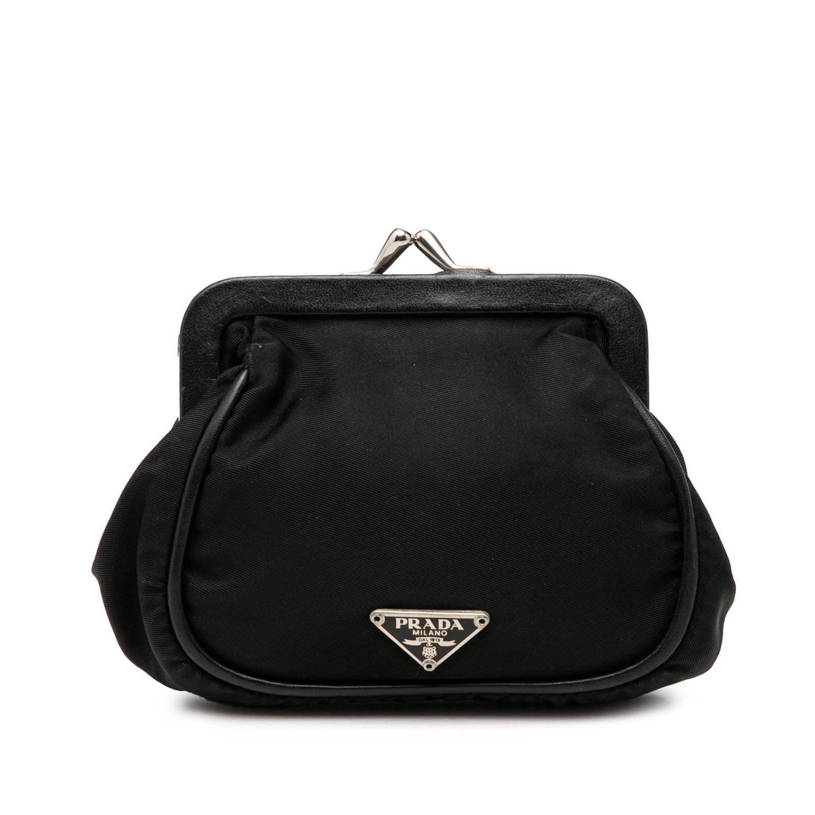Prada Tessuto Nylon Coin Pouch with Kiss Lock Frame: Prada Tessuto Nylon Coin Pouch with Kiss Lock Frame A Prada Tessuto Kiss Lock Frame Coin Pouch made with a nylon body and metal frame with kiss lock closure. It is black, made in Italy, and classified