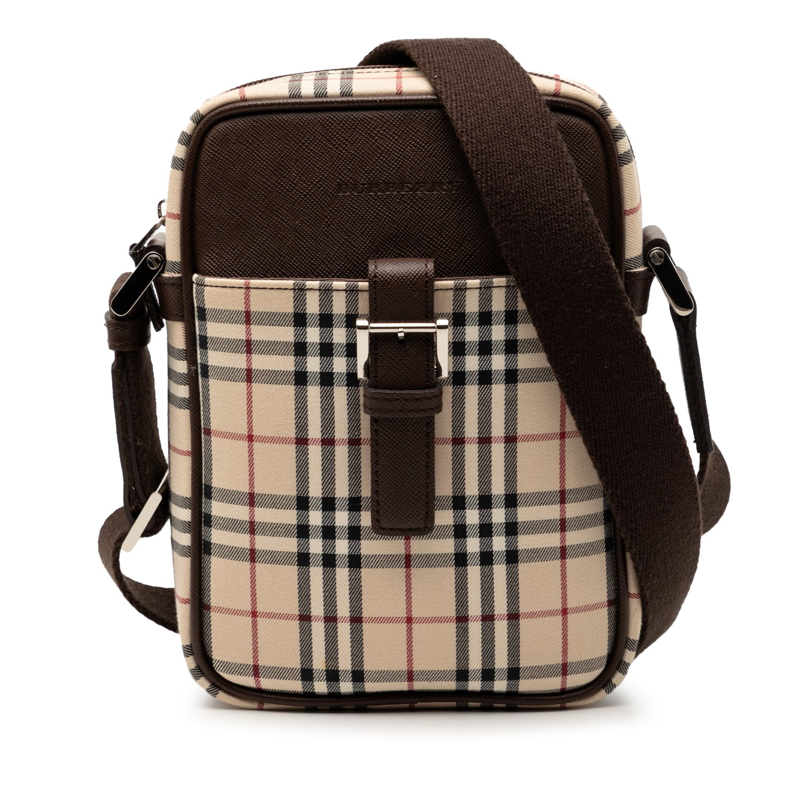 Burberry House Check Crossbody Bag in Beige Canvas: Burberry House Check Crossbody Bag in Beige Canvas Burberry House Check Canvas Crossbody bag in beige canvas with leather trim. The bag features an adjustable flat canvas strap, a top zip closure, a f