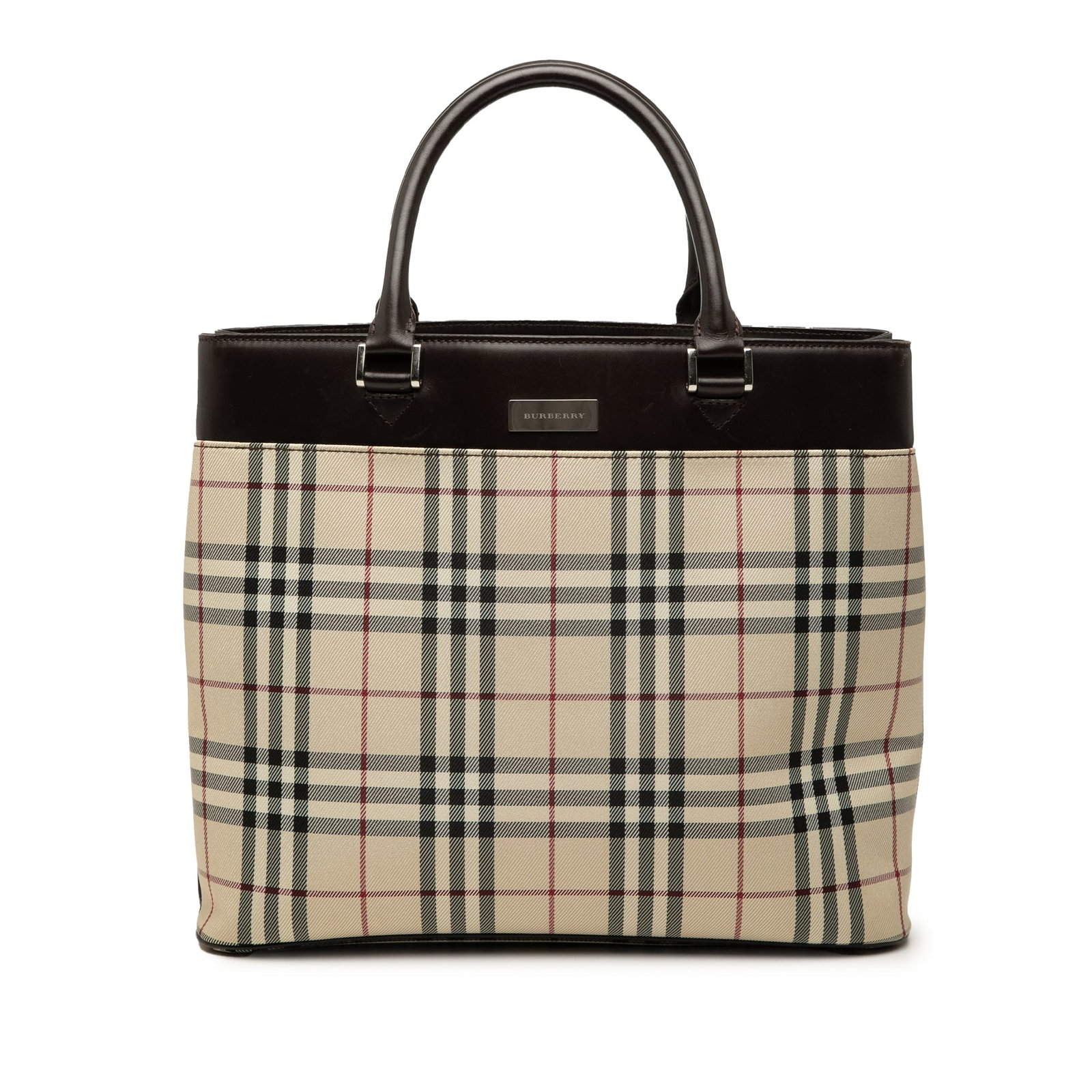 Burberry House Check Tote Bag in Canvas with Leather Trim: Burberry House Check Tote Bag in Canvas with Leather Trim Burberry House Check Canvas Tote with leather trim and rolled leather handles. The open-top design includes an interior zip compartment along 