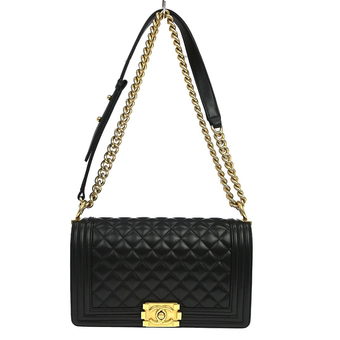 CHANEL Boy Medium Shoulder Bag Black Lambskin Chain Strap: CHANEL Boy Medium Shoulder Bag Black Lambskin Chain Strap Vintage Chanel Boy medium shoulder bag in black lambskin with a push-lock closure and silver-color hardware. This shoulder bag features a chai