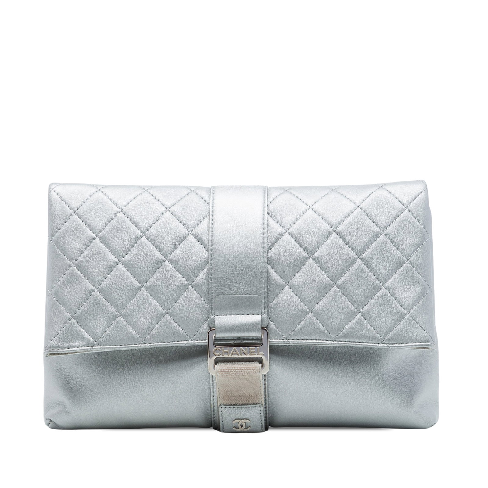 Chanel Grip Clutch Quilted Lambskin Leather Flap Bag: Chanel Grip Clutch Quilted Lambskin Leather Flap Bag A Chanel Quilted Lambskin Grip Clutch crafted in silver lambskin leather with a quilted finish. The design features a front flap with a buckle on a