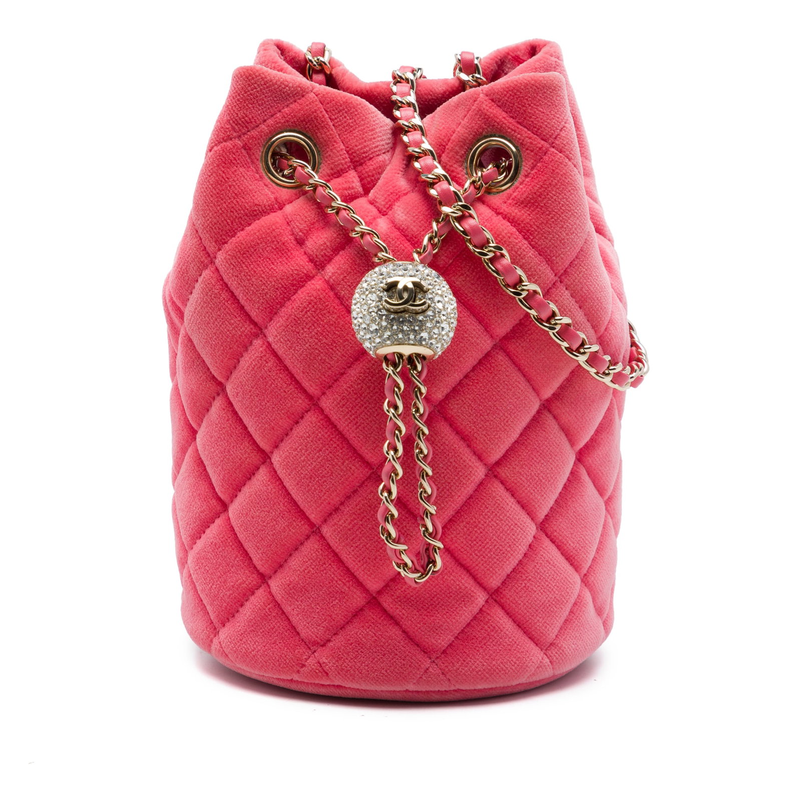 Chanel Pearl Crush Mini Bucket Bag in Pink Velvet: Chanel Pearl Crush Mini Bucket Bag in Pink Velvet A Chanel mini bucket bag in pink velvet with crystal pearl crush detailing. It features a leather-woven chain strap with a shoulder guard and an open 