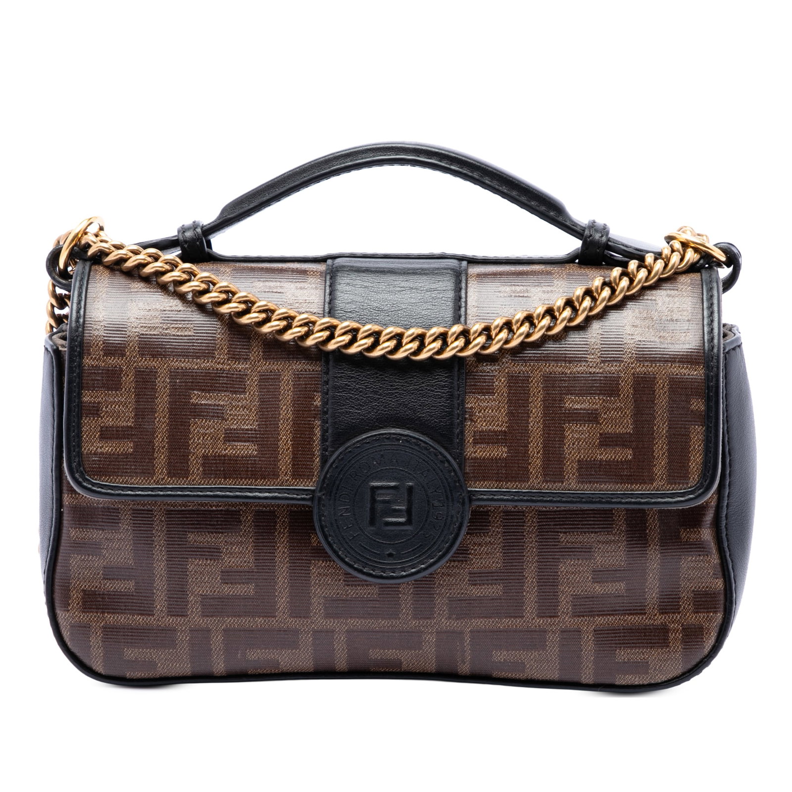 Fendi Vitello Grace FF 1974 Double F Brown Satchel: Fendi Vitello Grace FF 1974 Double F Brown Satchel Structured with coated canvas and leather trim, this Fendi satchel features a flat top handle, a chain link strap, and an adjustable, detachable flat